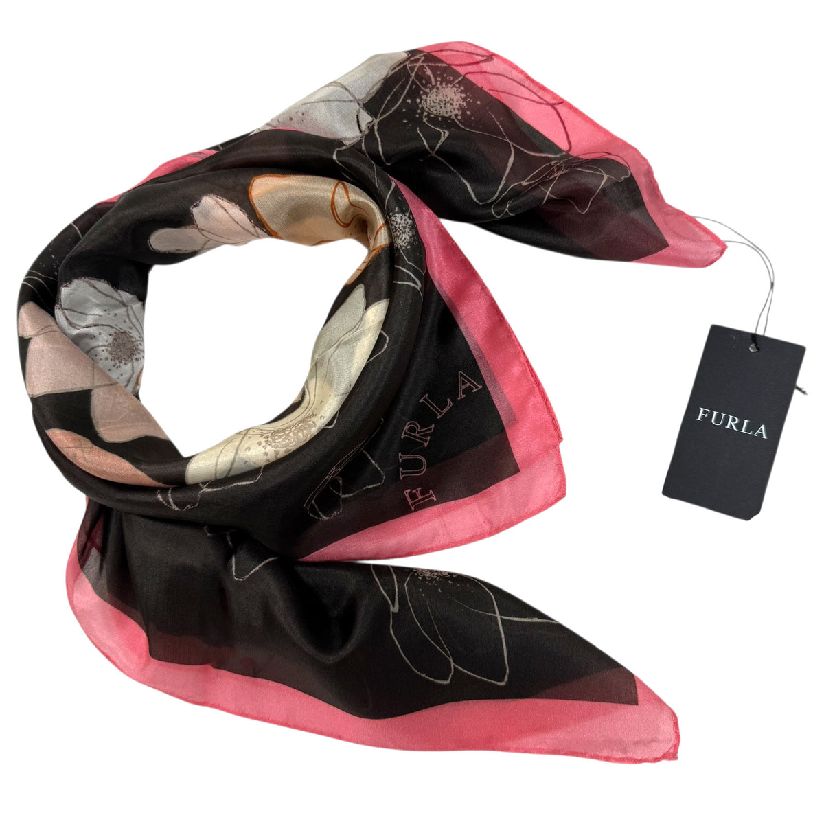 Furla Scarf Pink Black Floral Design - Square Silk Scarf