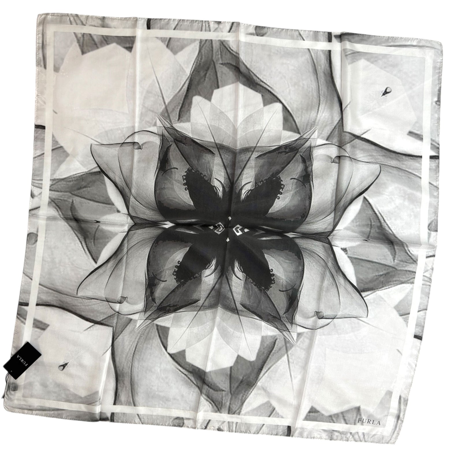 Furla Scarf Black Grey Floral Abstract Design - Square Silk Scarf