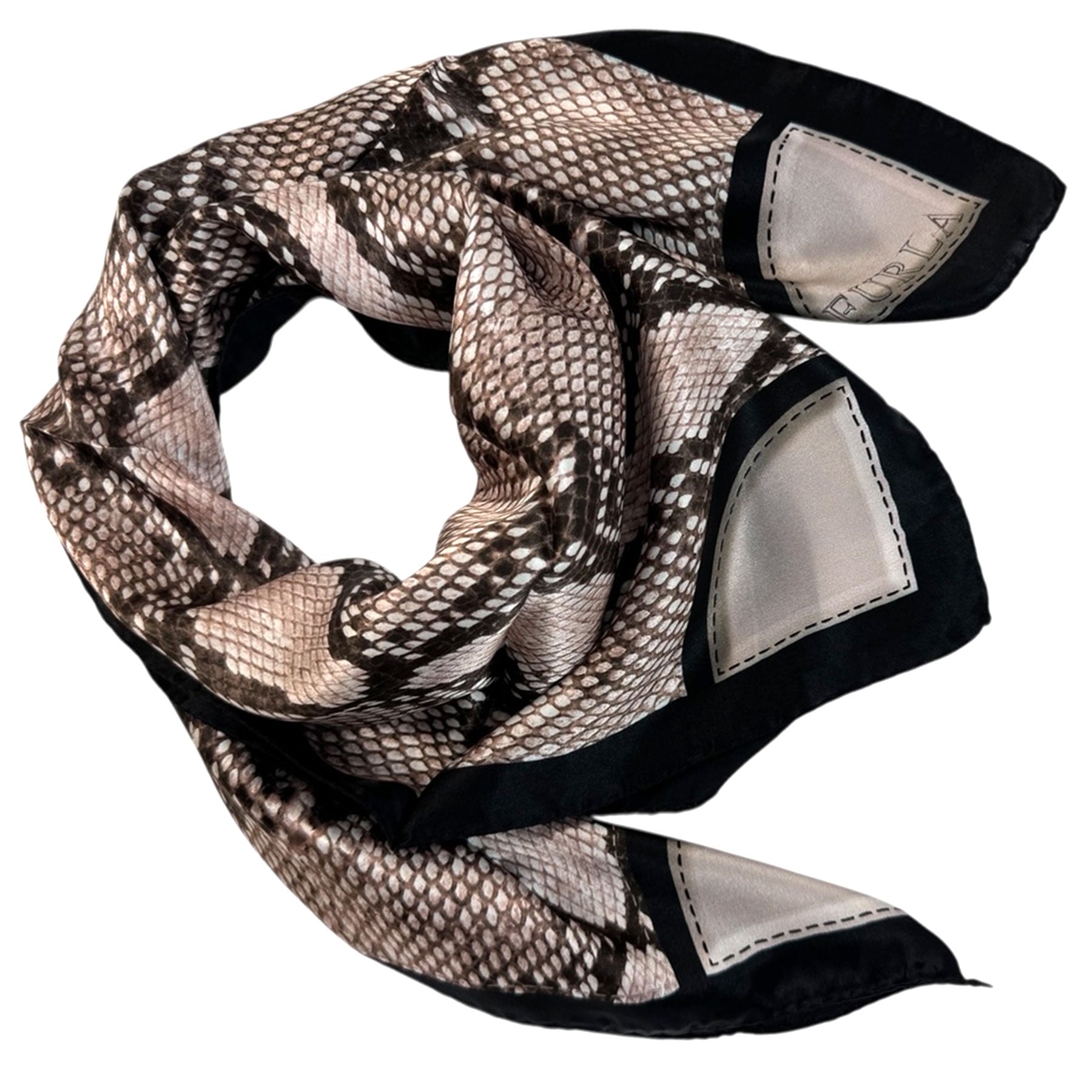 Furla Scarf Black Dark Brown Snakeskin Design - Square Silk Scarf