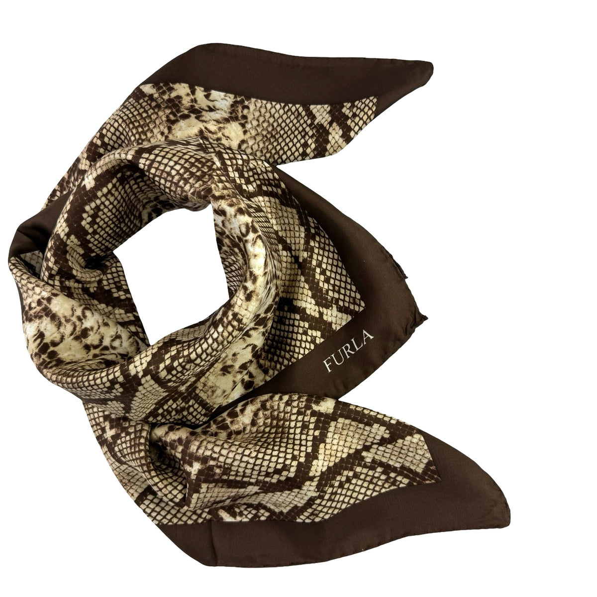Furla Scarf Brown Snakeskin Design - Twill Silk Square Foulard