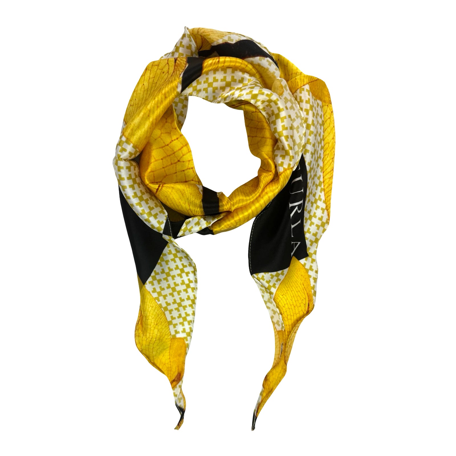 Furla Scarf Orange-Gold Black - Diamond Shape Silk Neckerchief Bandana SALE