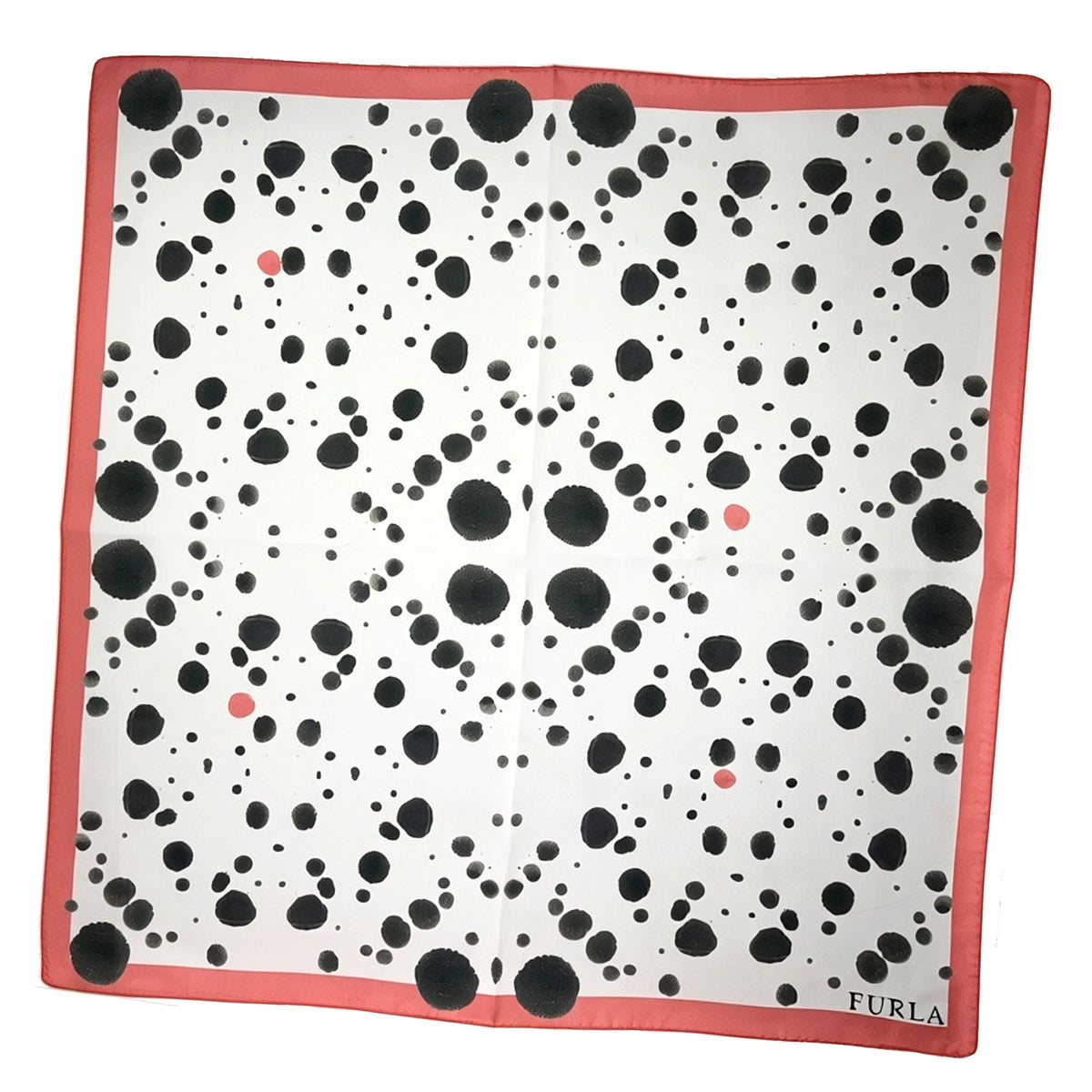Furla Scarf White Black Pink Spots - Twill Silk Square Foulard