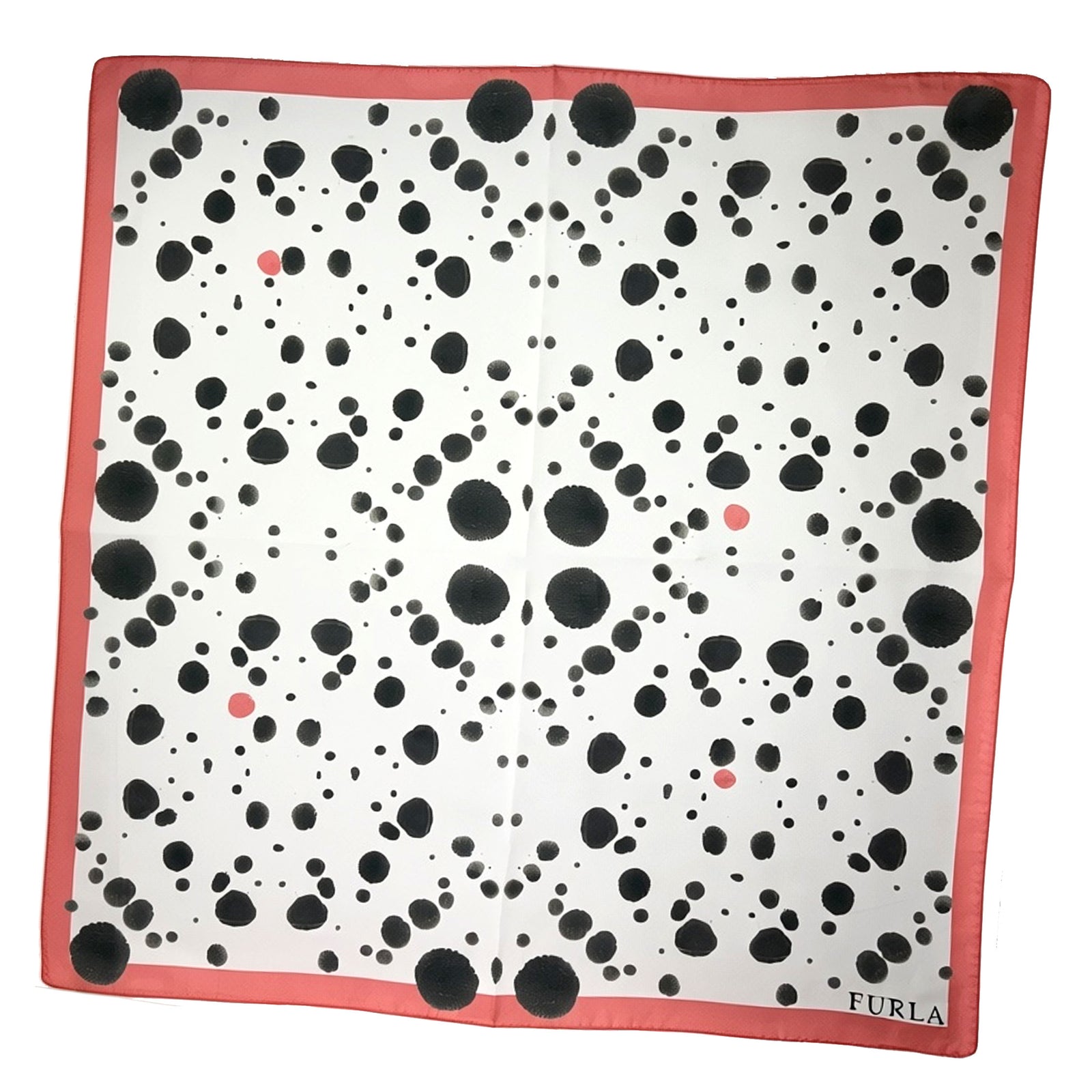 Furla Scarf White Black Pink Spots - Twill Silk Square Foulard