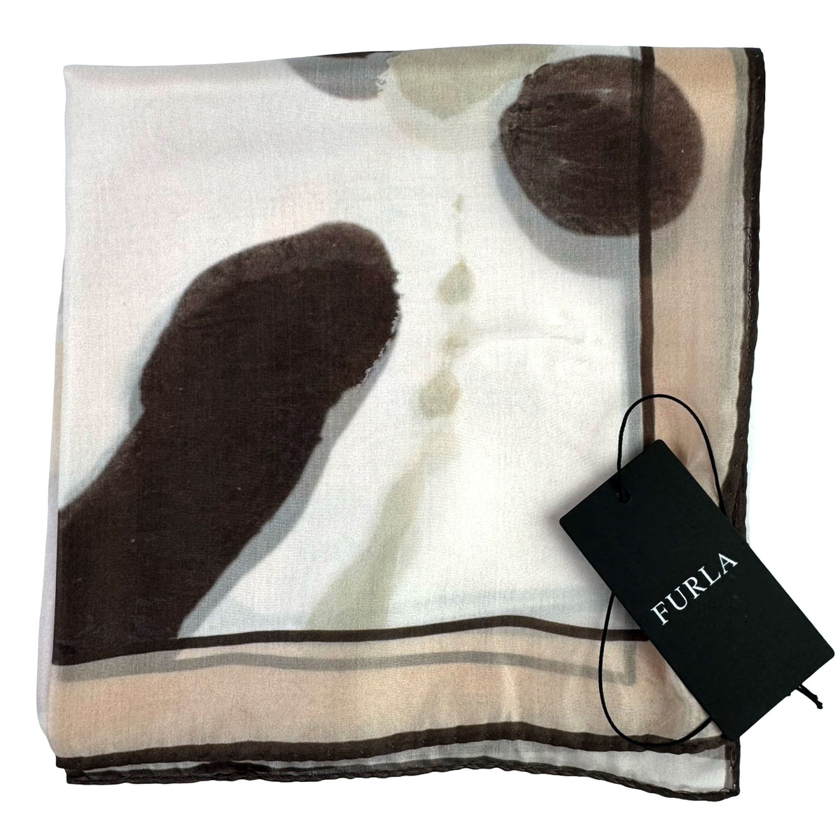 Furla Scarf White Black Spots Beige - Light Weight Twill Silk Square Foulard