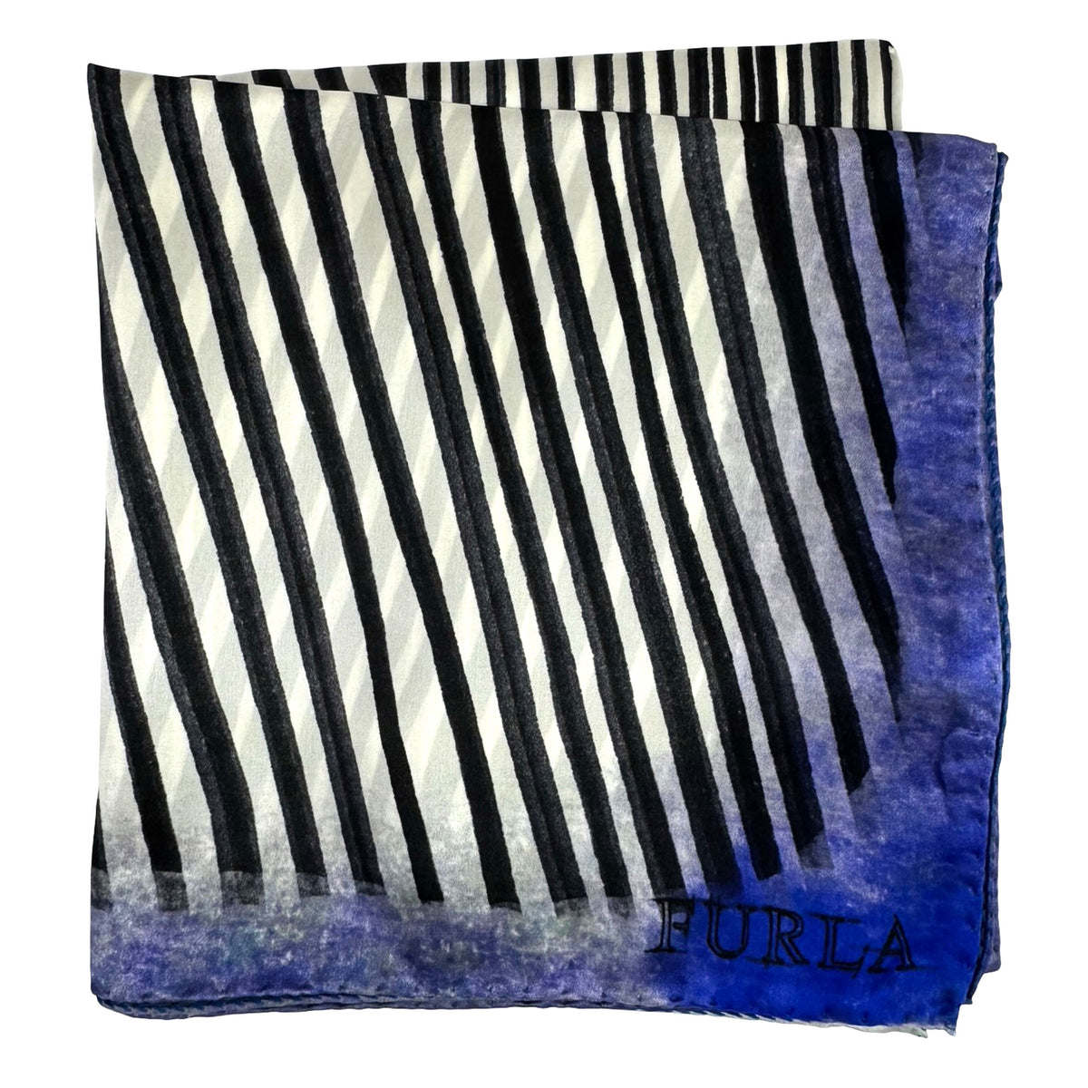 Furla Scarf White Black Stripes Royal Blue - Twill Silk Square Foulard