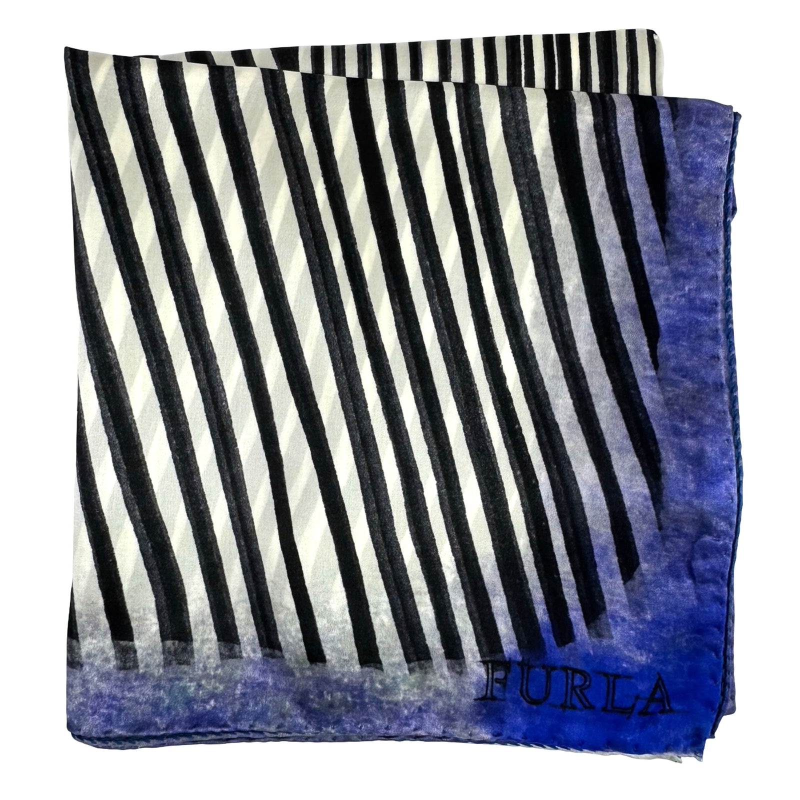 Furla Scarf White Black Stripes Royal Blue - Twill Silk Square Foulard