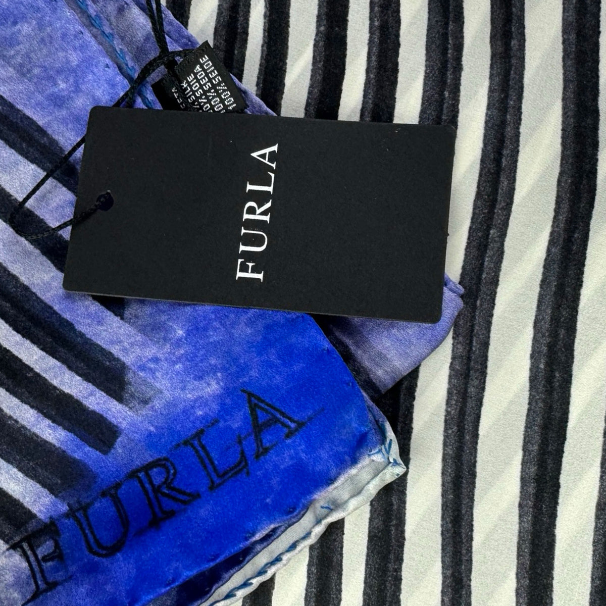 Furla Scarf White Black Royal Blue - Twill Silk Square Foulard