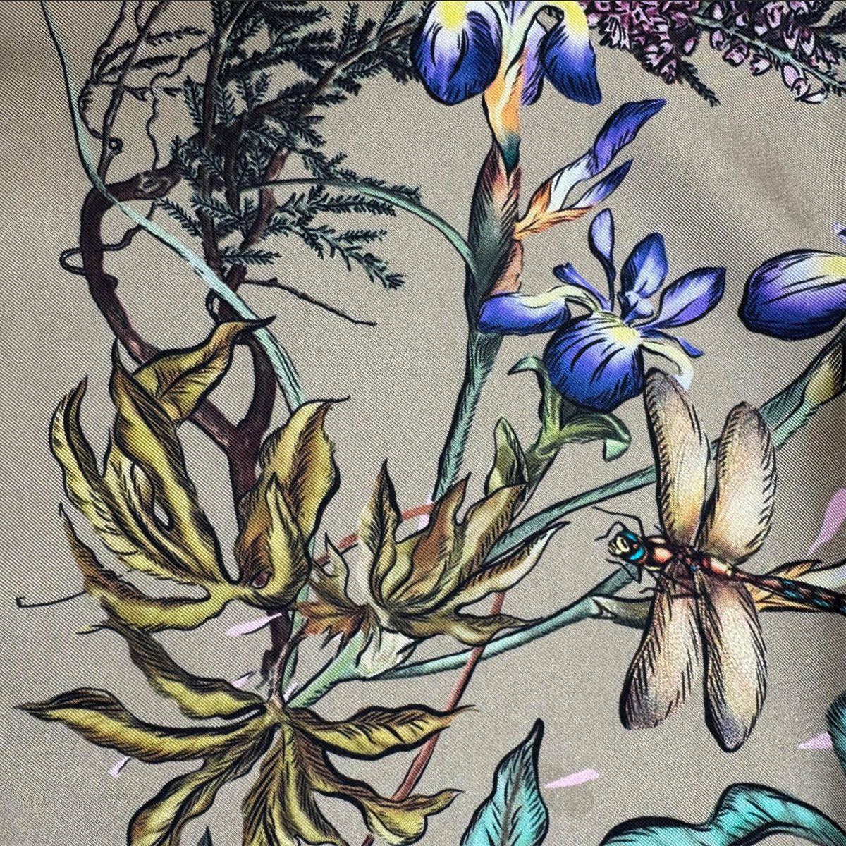 Givenchy Scarf Taupe Botanical Floral Dragonfly - Twill Silk Foulard SALE