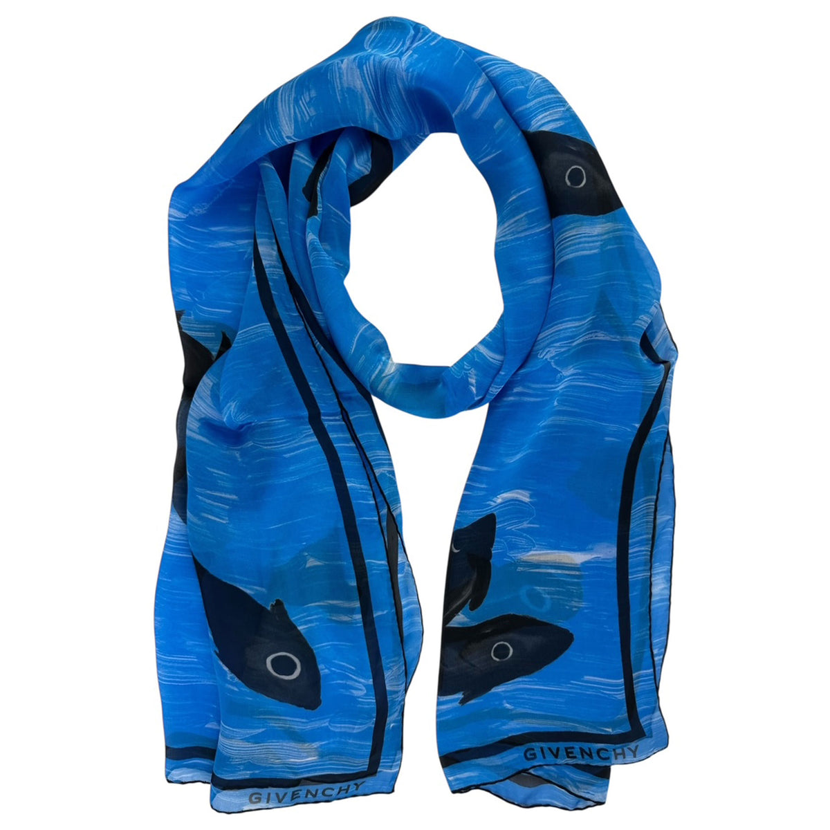 Givenchy Scarf Blue Black Fish - Chiffon Silk Shawl