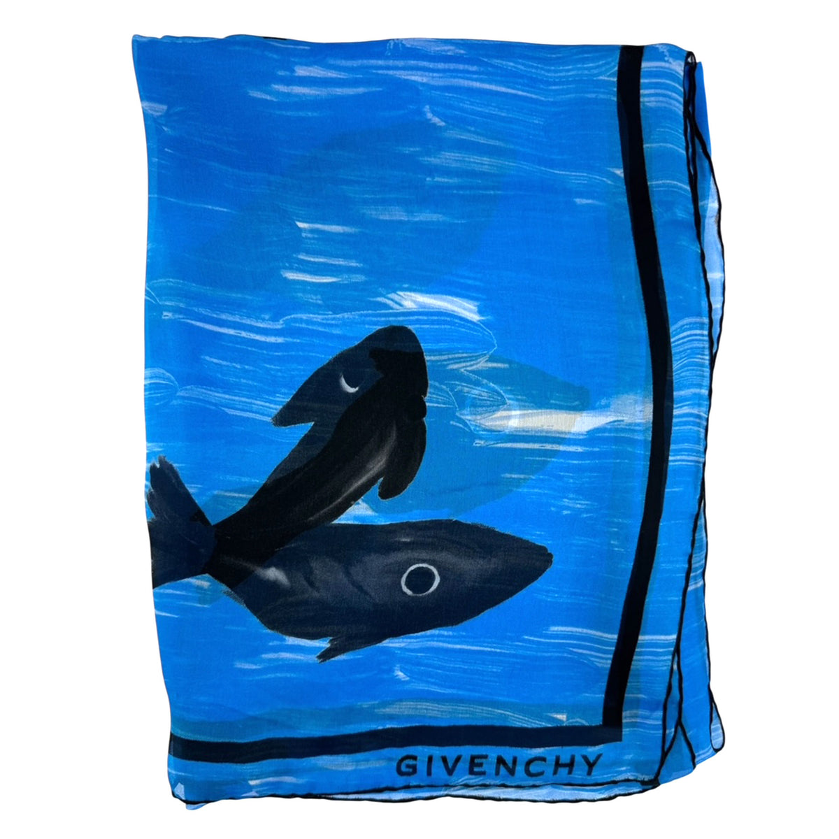 Givenchy Scarf Blue Black Fish Design - Chiffon Silk Shawl
