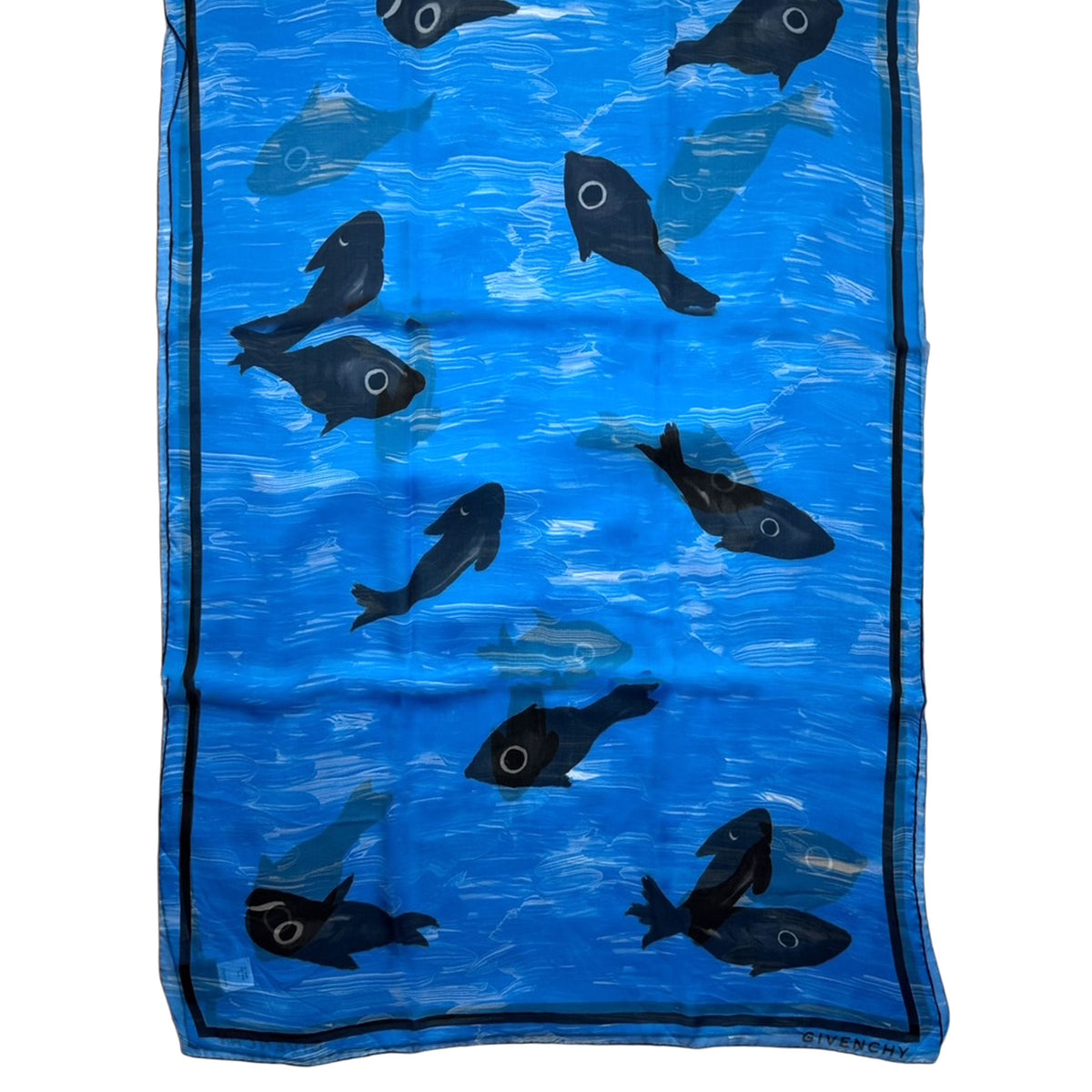 Givenchy Scarf Blue Black Fish Design - Chiffon Silk Shawl