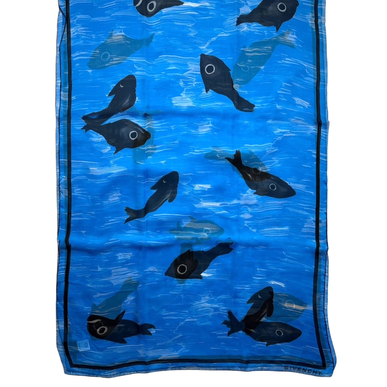 Givenchy Scarf Blue Black Fish Design - Chiffon Silk Shawl