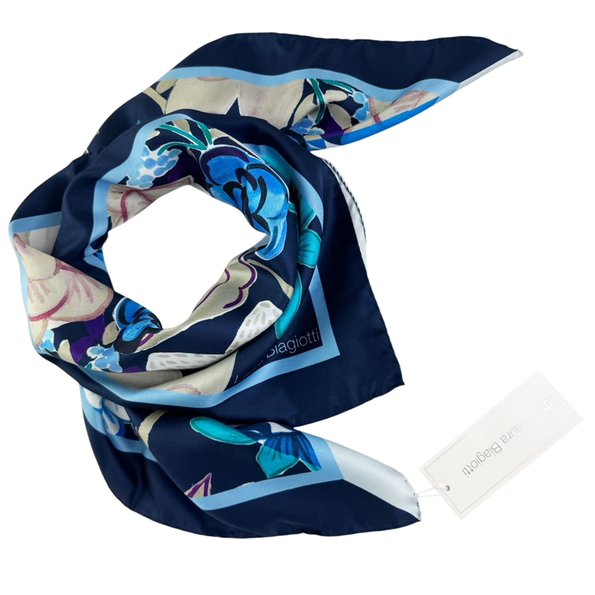 Laura Biagiotti Silk Scarf Blue Abstract Floral - Square Foulard
