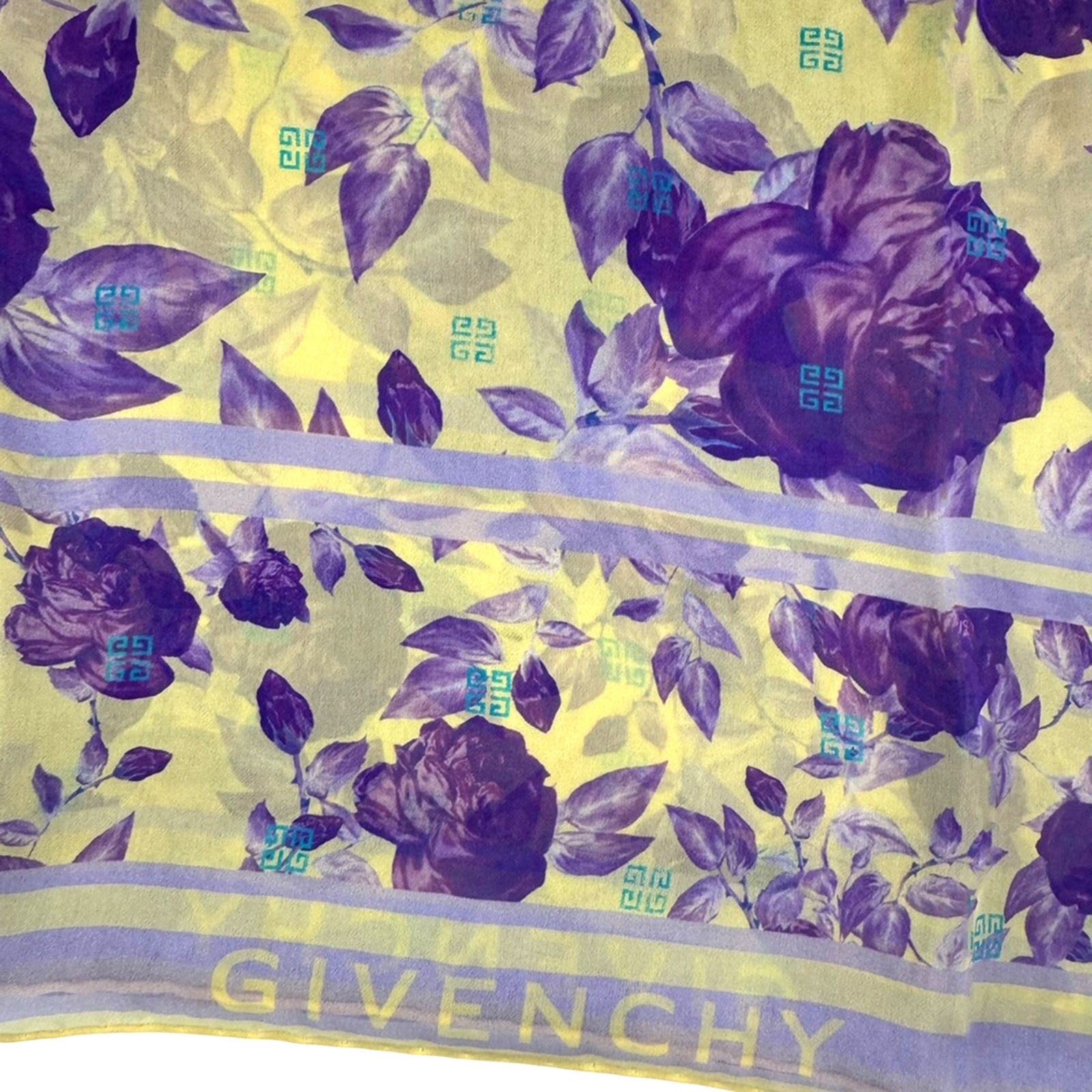 Givenchy Scarf Yellow Purple Roses Floral Design - Chiffon Silk Shawl