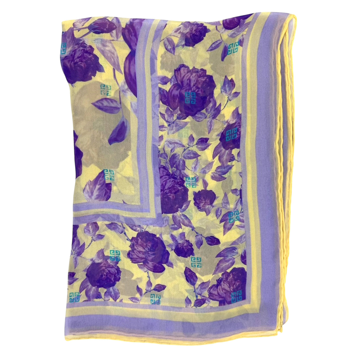 Givenchy Scarf Yellow Purple Roses Floral Design - Chiffon Silk Shawl