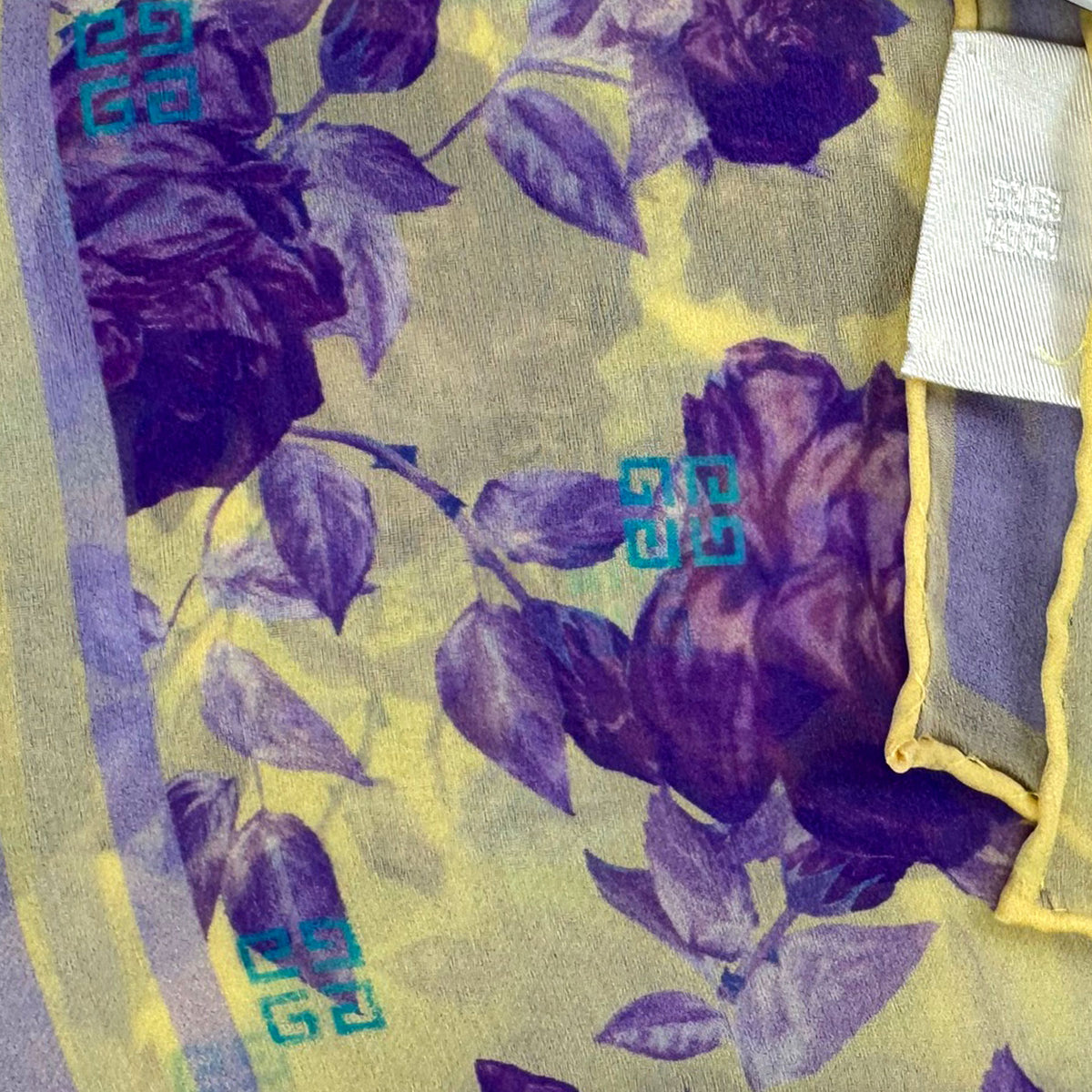 Givenchy Scarf Yellow Purple Roses Floral Design - Chiffon Silk Shawl