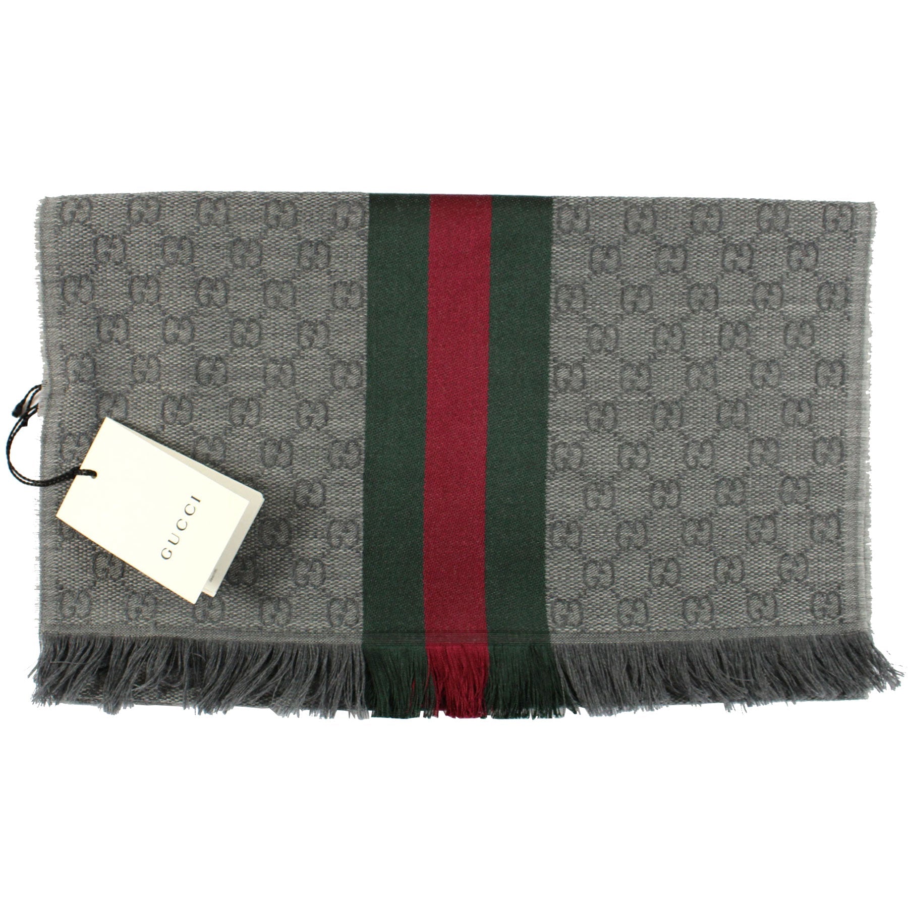 Gucci Scarf Gray Red Green Stripes GG Wool Shawl