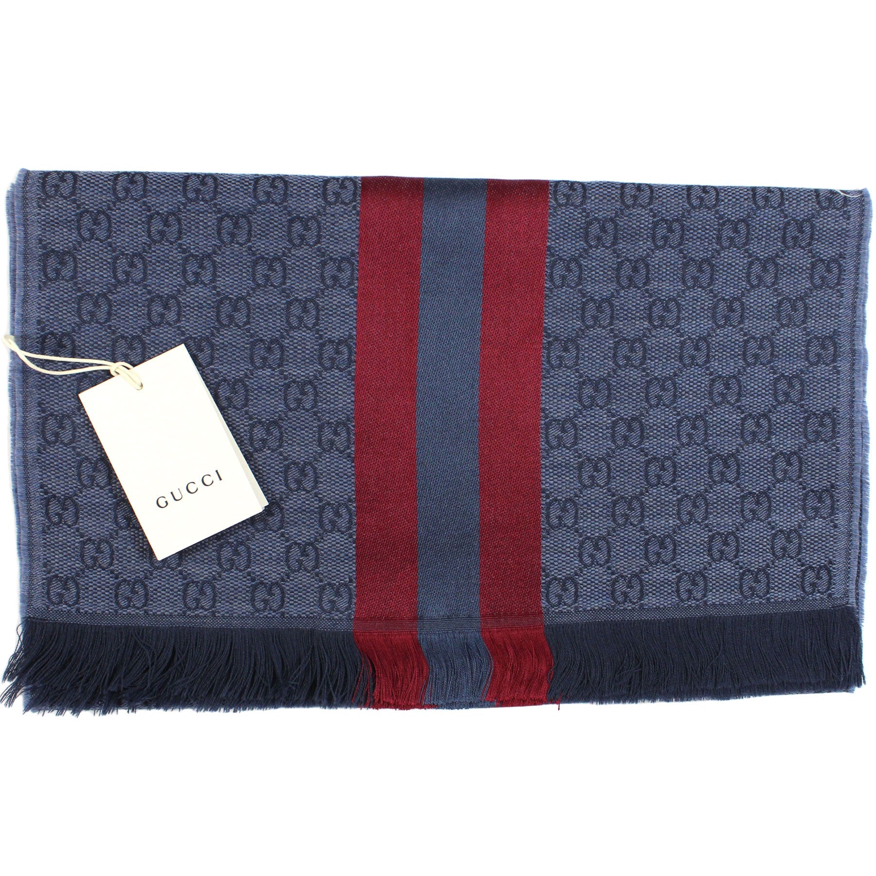 Gucci Scarf Gray Red GG Strip Wool Silk Jacquard Shawl