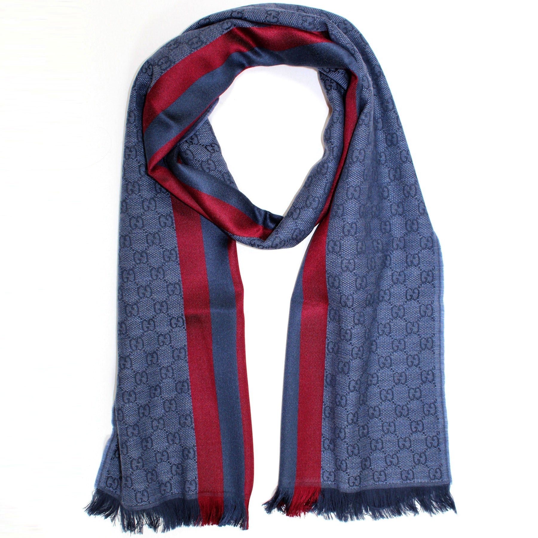 Gucci Scarf Gray Red GG Strip Wool Silk Jacquard Shawl