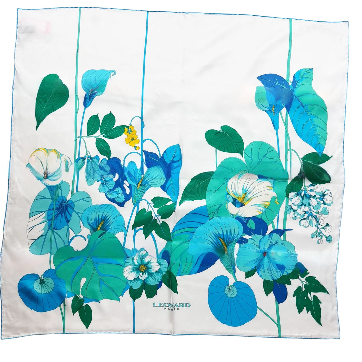 Leonard Paris Scarf White Blue Callalily Floral - Twill Silk Large Square Foulard