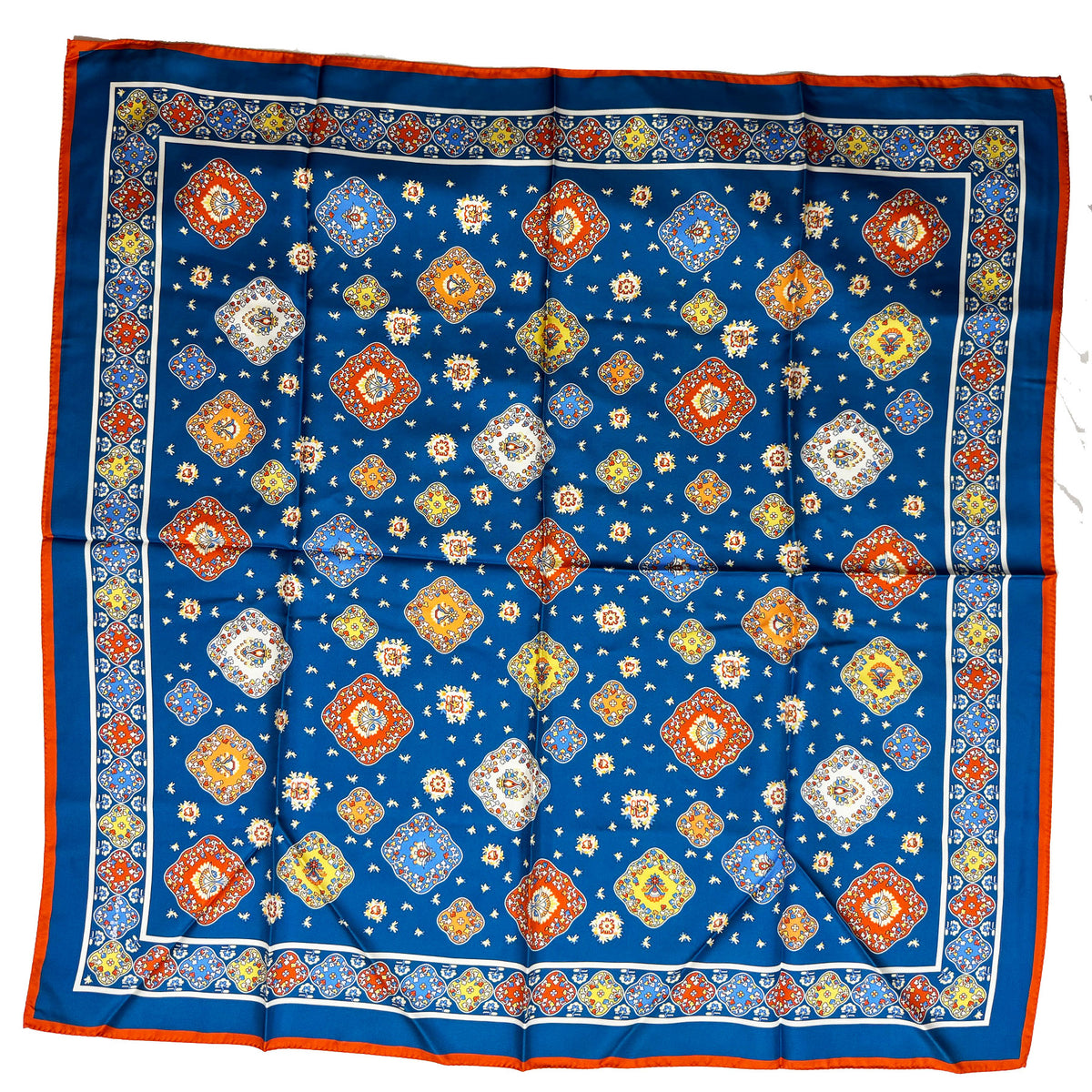 Kiton Women Scarf Dark Blue Orange Design - Twill Silk Square Foulard SALE