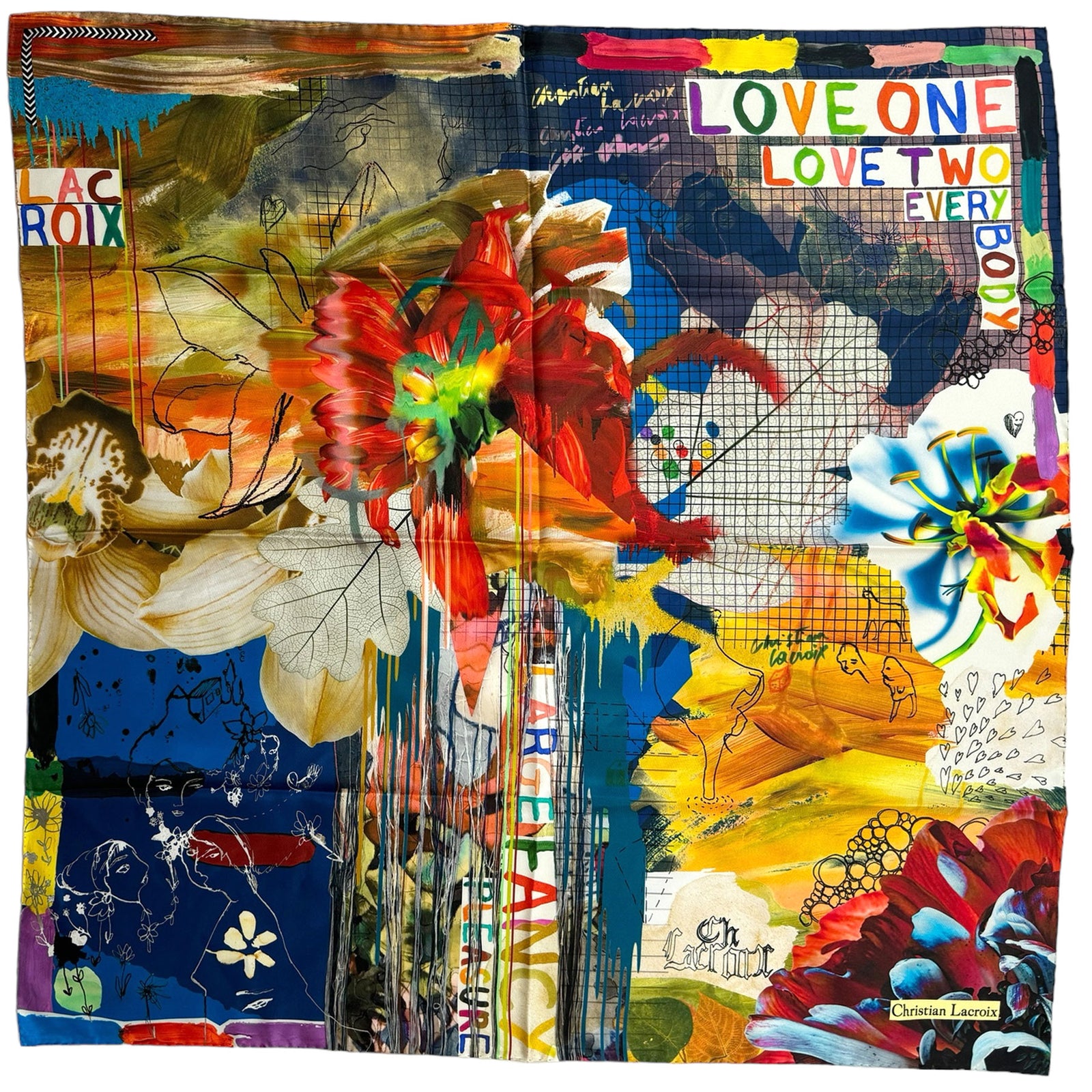 Christian Lacroix Scarf Red Orange Navy Floral - Large 36 Inch Square Twill Silk Scarf