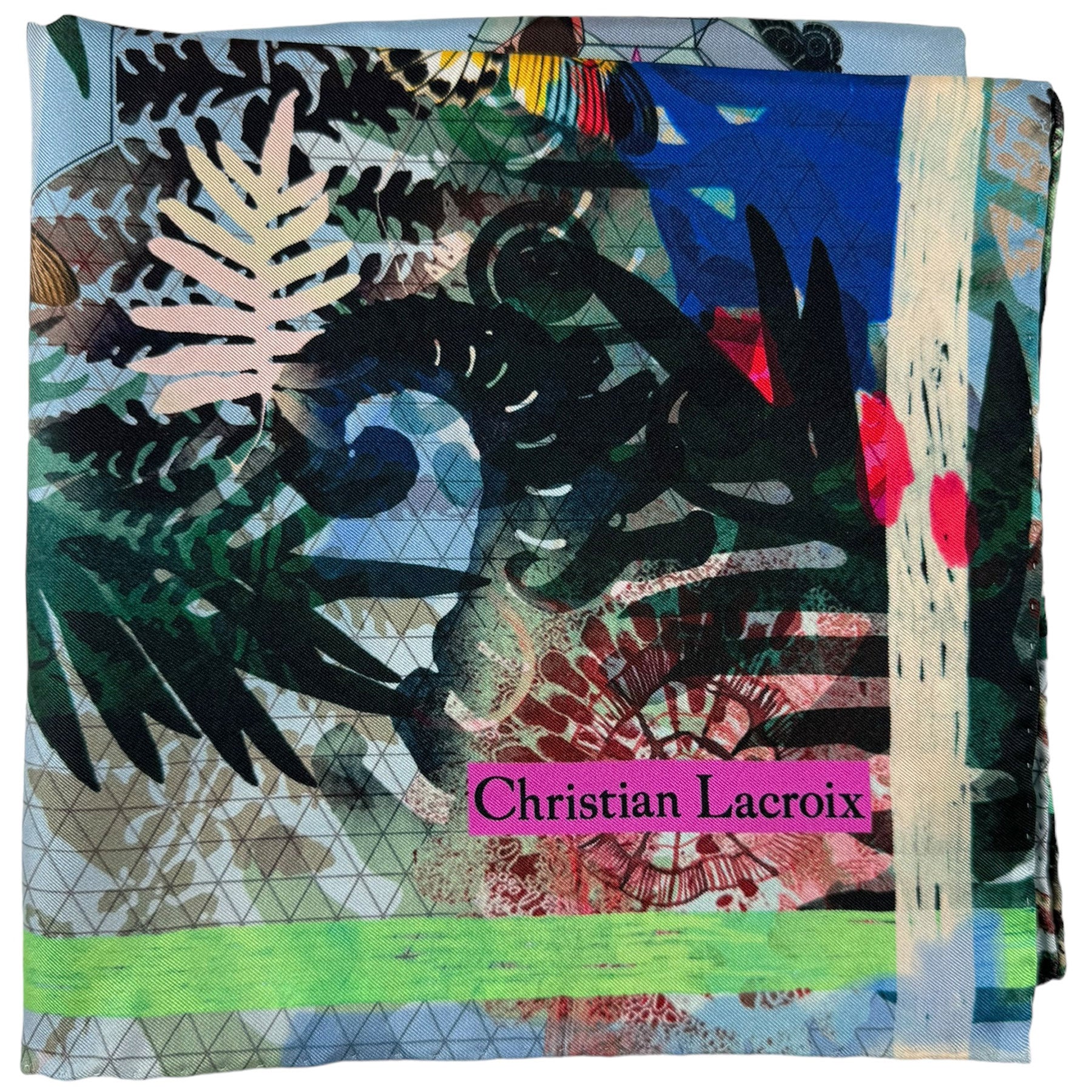 Christian Lacroix Scarf Green Brown Navy Floral - Large 36 Inch Square Twill Silk Scarf