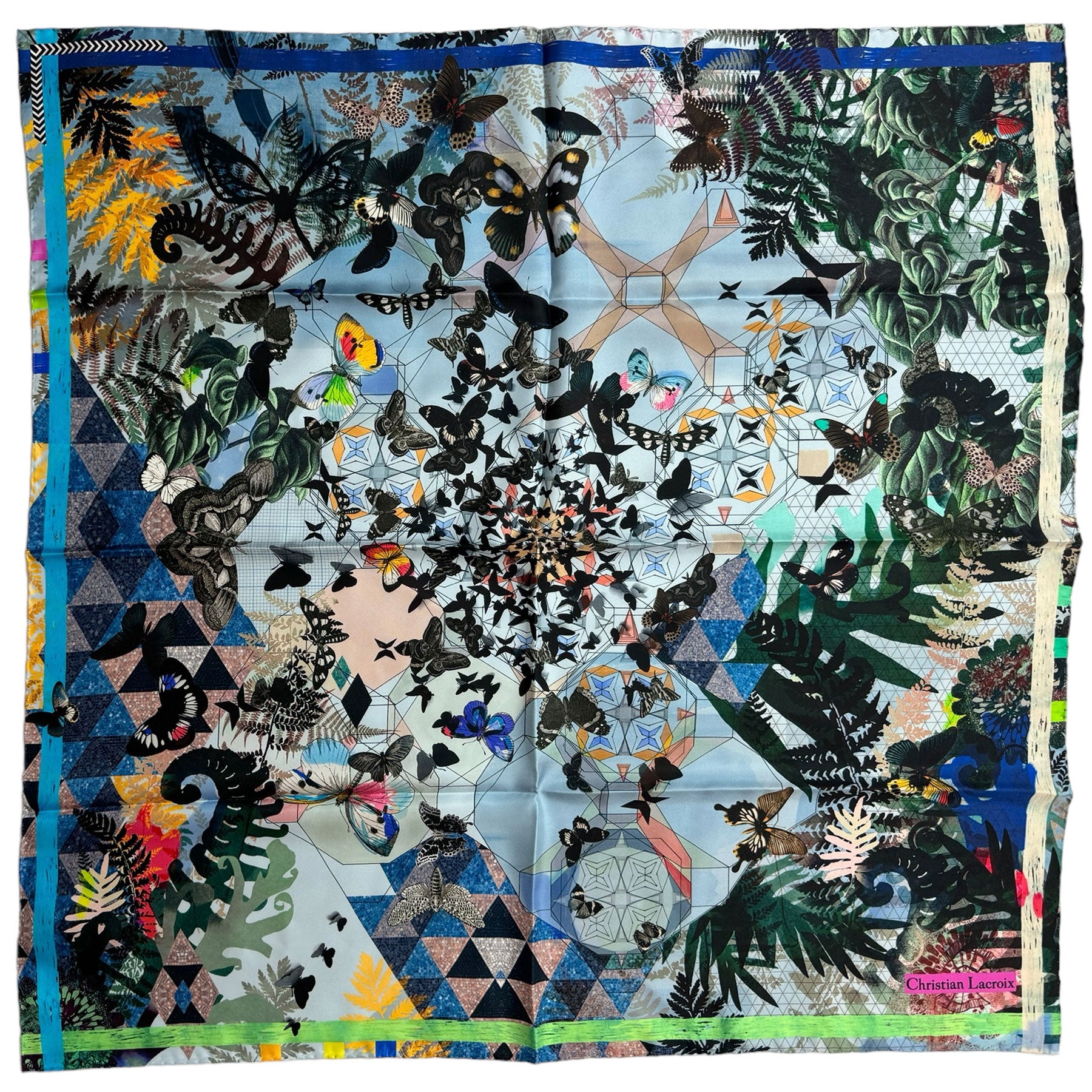Christian Lacroix Scarf Green Brown Navy Floral - Large 36 Inch Square Twill Silk Scarf