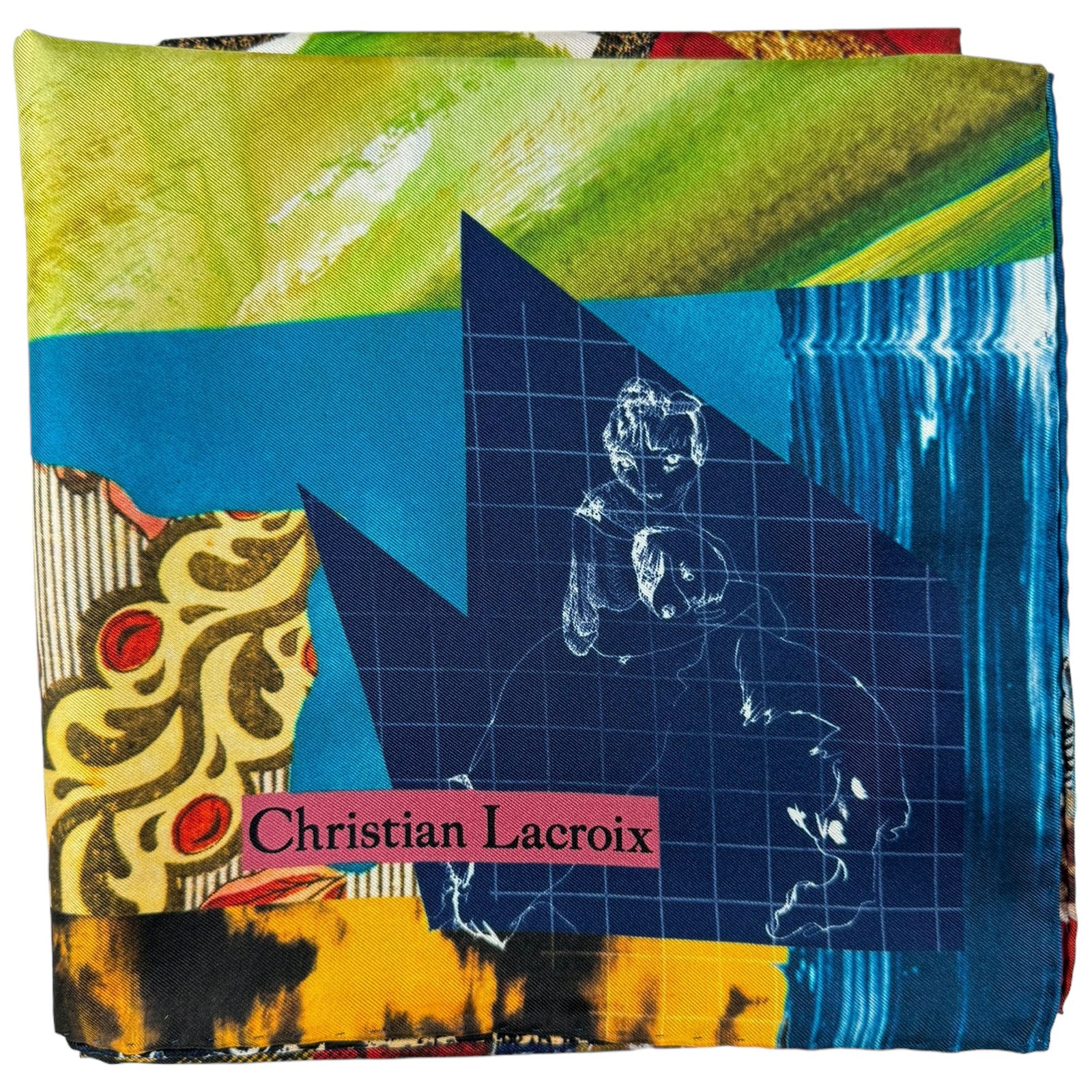 Christian Lacroix Scarf Blue Green Orange Design - Square Twill Silk Scarf
