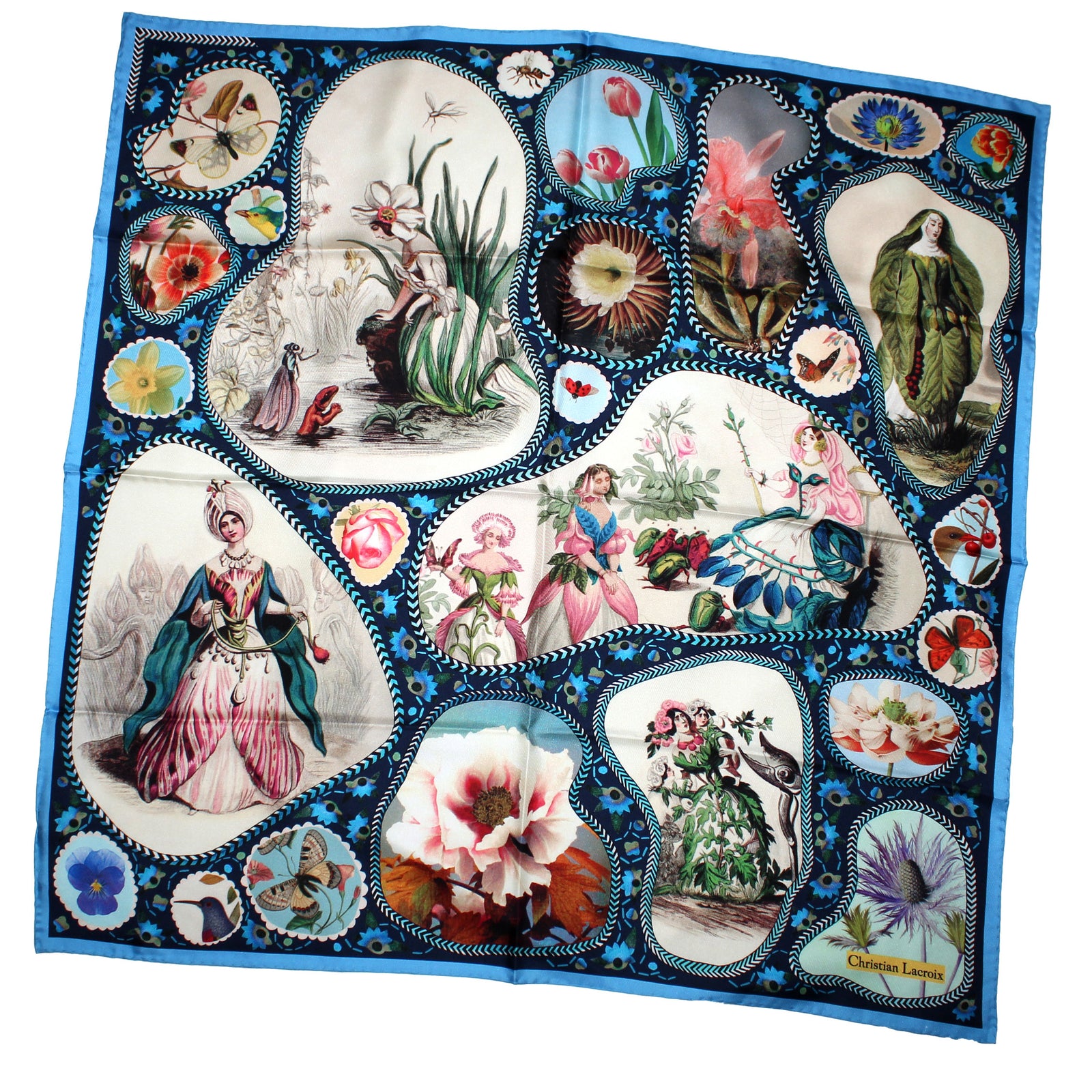 Christian Lacroix Scarf Floral Butterfly - Square Twill Silk Foulard - Made In Italy