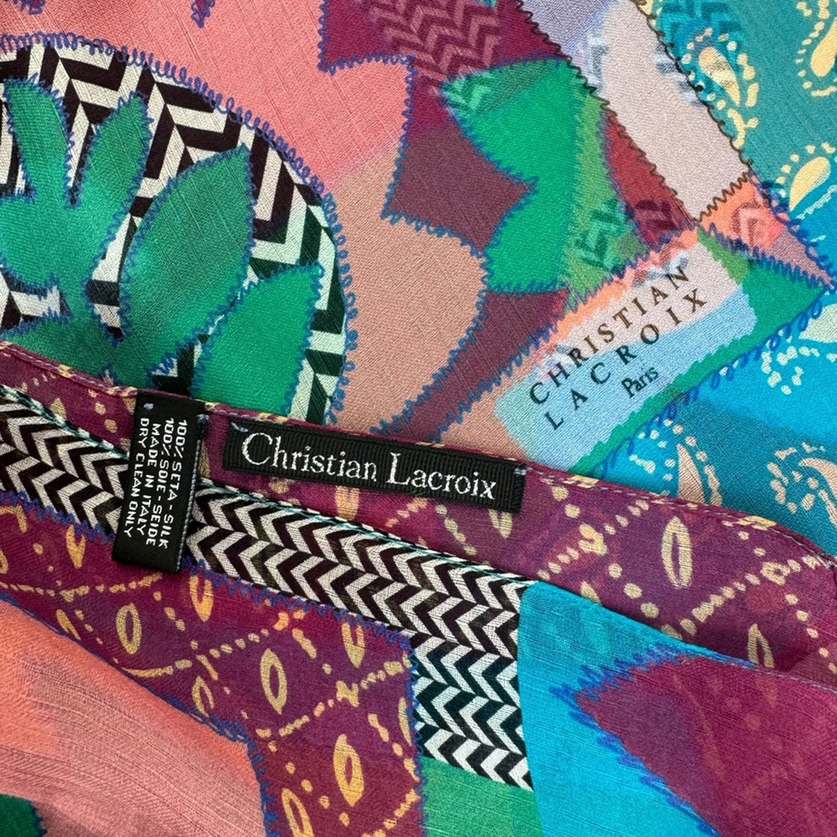 Christian Lacroix Scarf Aqua Blue Green Fuchsia Paisley Patch - Chiffon Silk Shawl