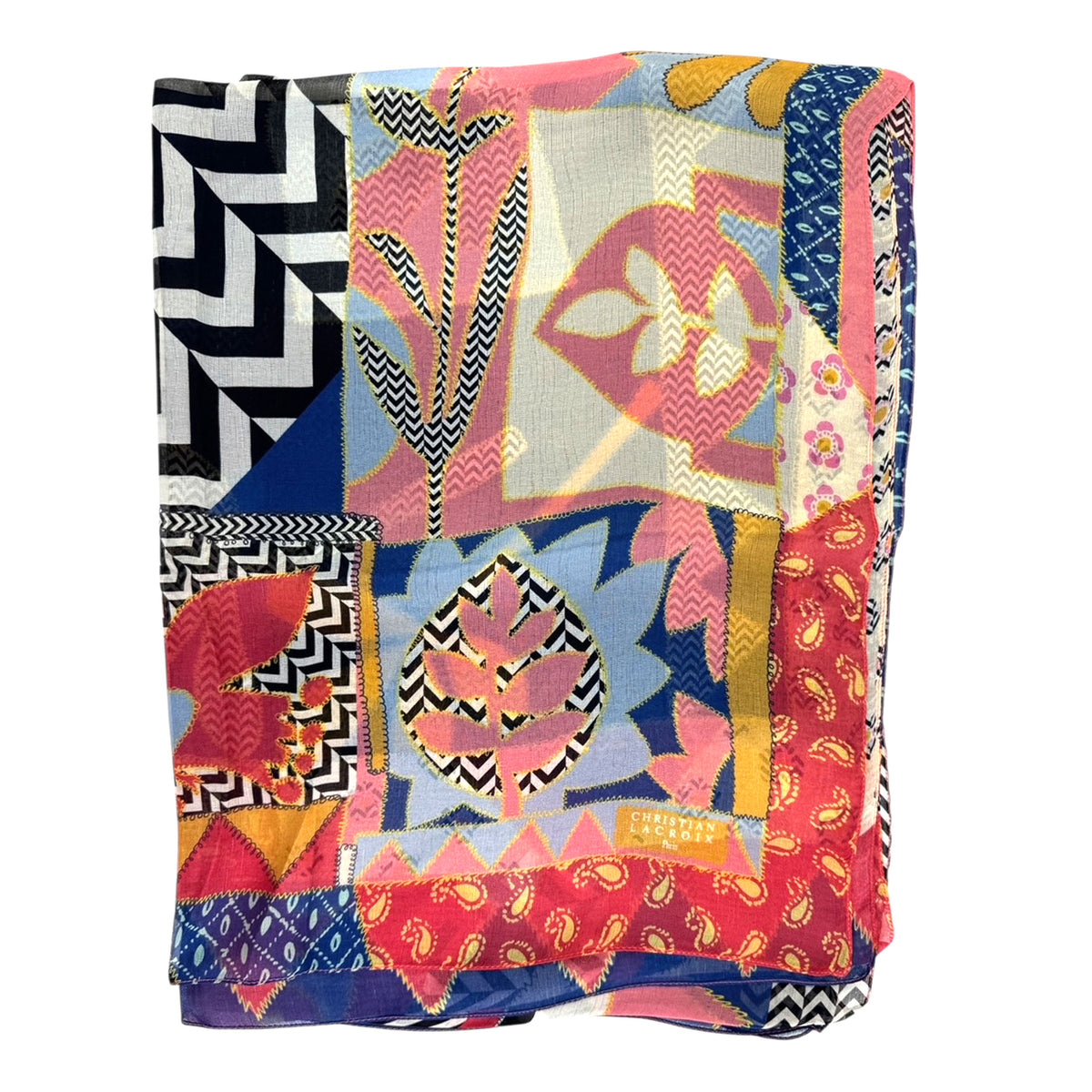 Christian Lacroix Scarf Red Lapis Sky Blue Paisley Patch - Chiffon Silk Shawl