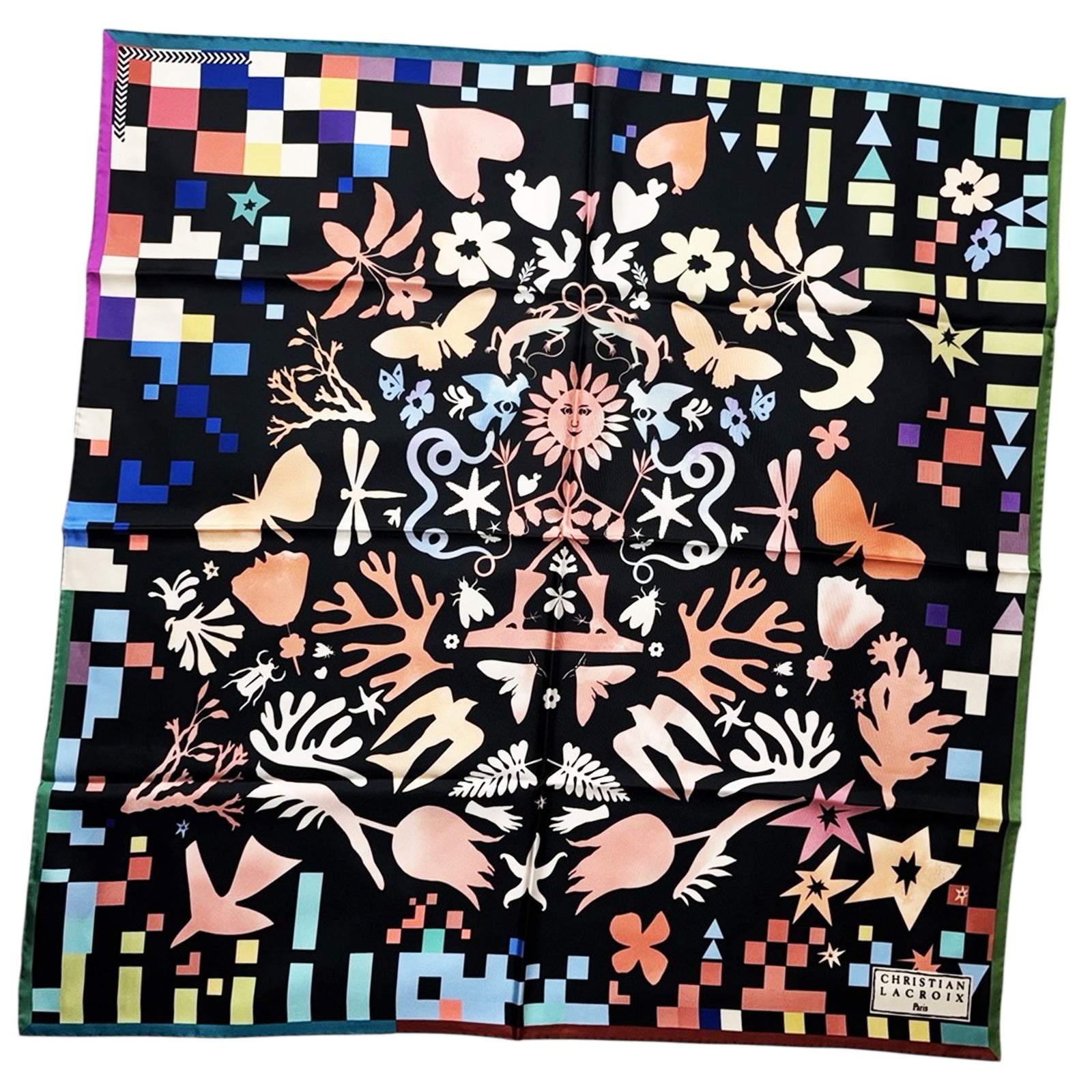 Christian Lacroix Scarf Black Tree Of Life Design - Twill Silk Square Foulard