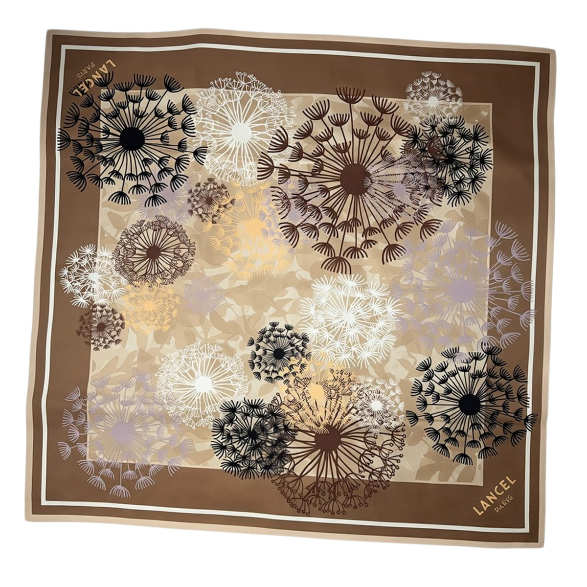 Lancel Paris Scarf Brown Floral - Twill Silk Square Foulard