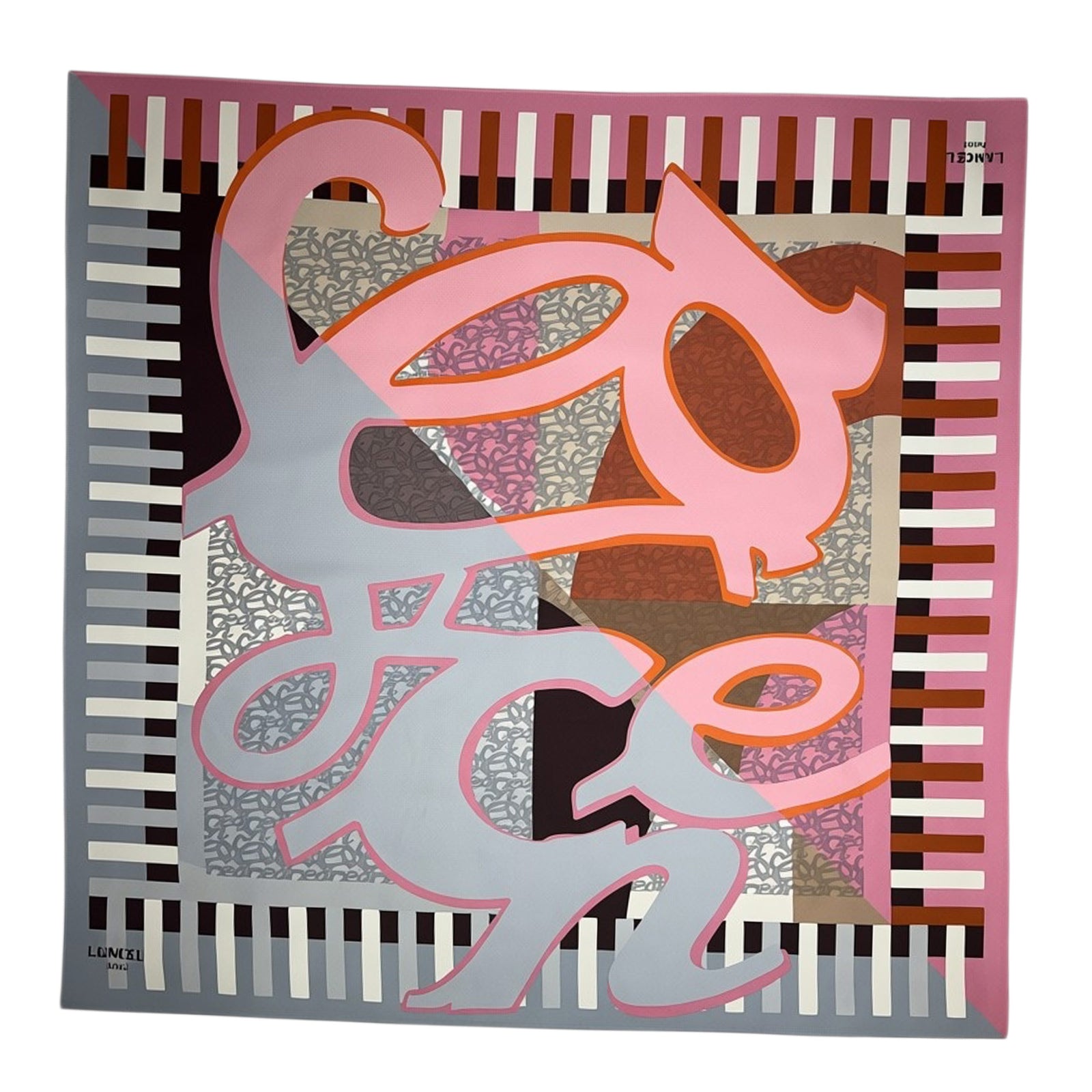 Lancel Paris Scarf Gray Pink Logo - Twill Silk Square Foulard
