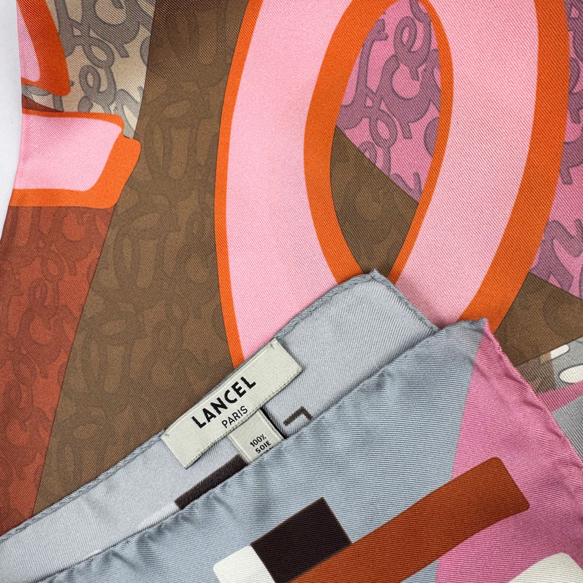 Lancel Scarf Gray Pink Logo - Twill Silk Square Foulard