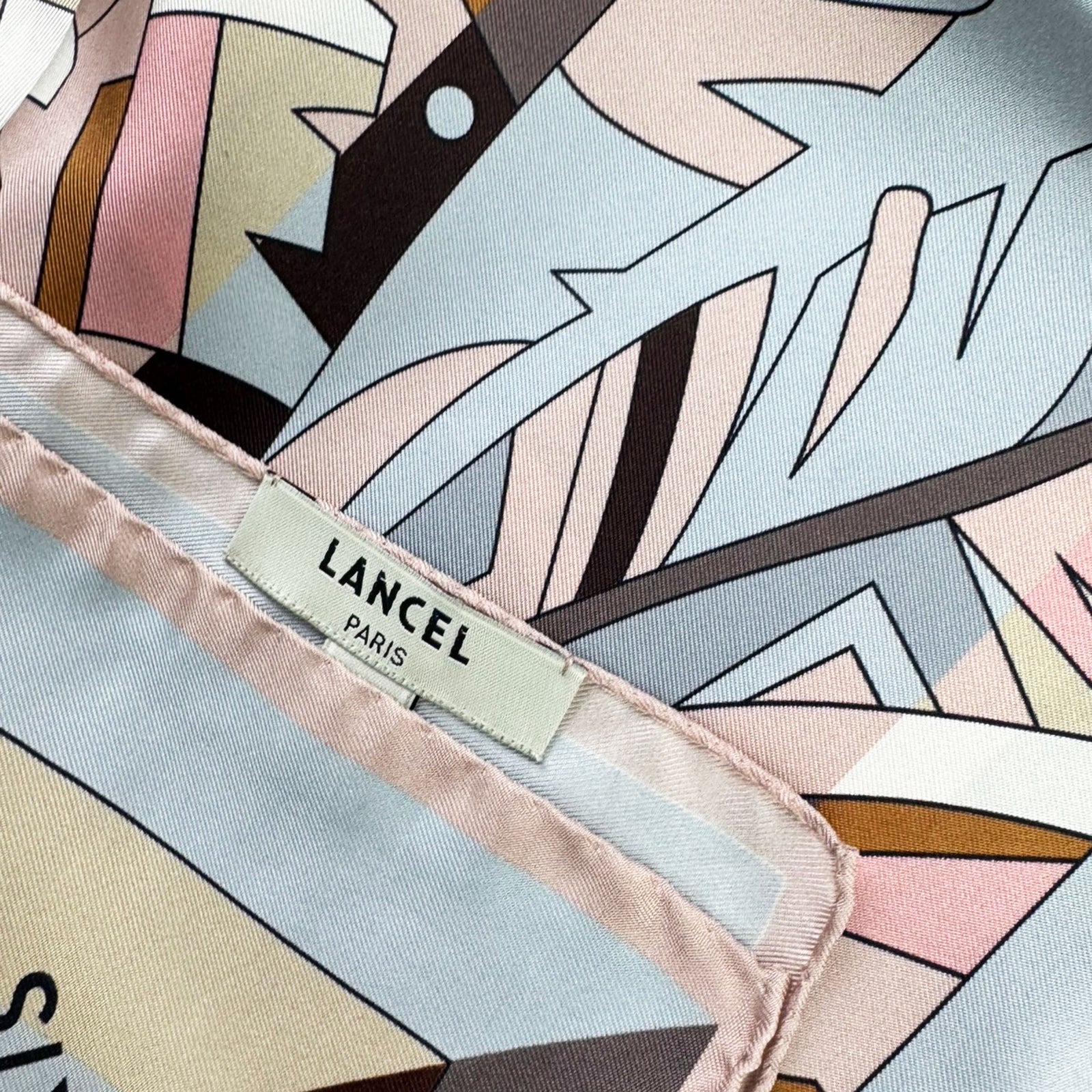 Lancel Paris Scarf Gray Light Pink Brown- Twill Silk Square Foulard
