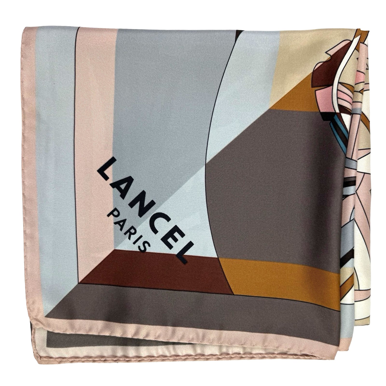 Lancel Paris Scarf Gray Light Pink Brown- Twill Silk Square Foulard