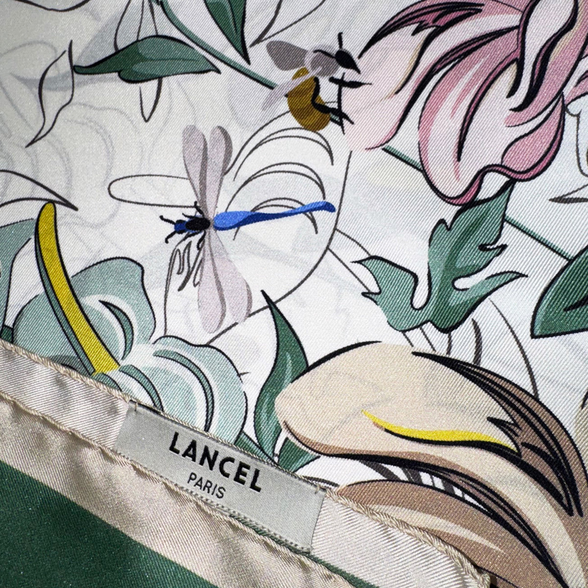 Lancel Paris Scarf Tutti Fleuri Pattern Green Dust Pink - Silk Square Foulard