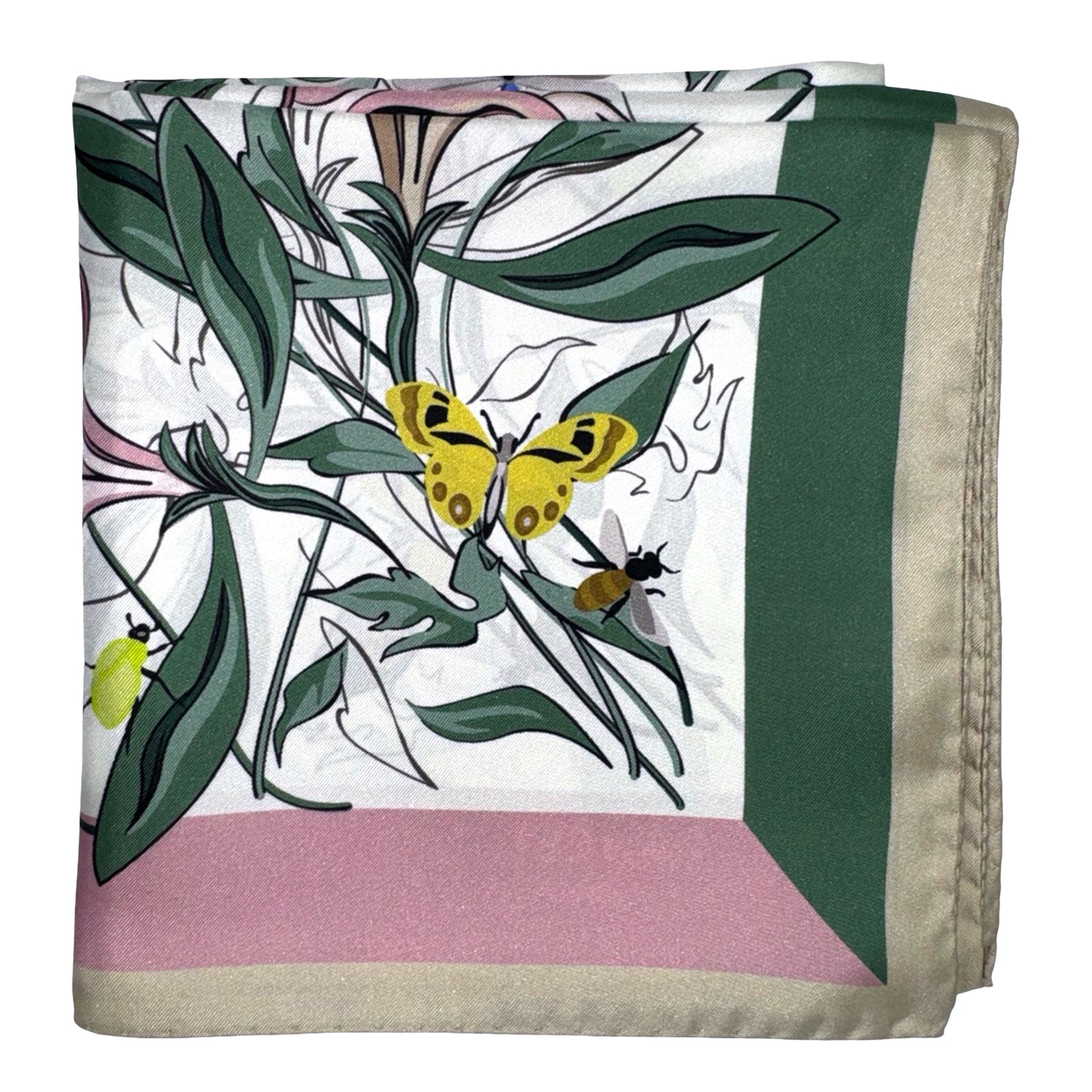 Lancel Paris Scarf Tutti Fleuri Pattern Green Dust Pink - Silk Square Foulard