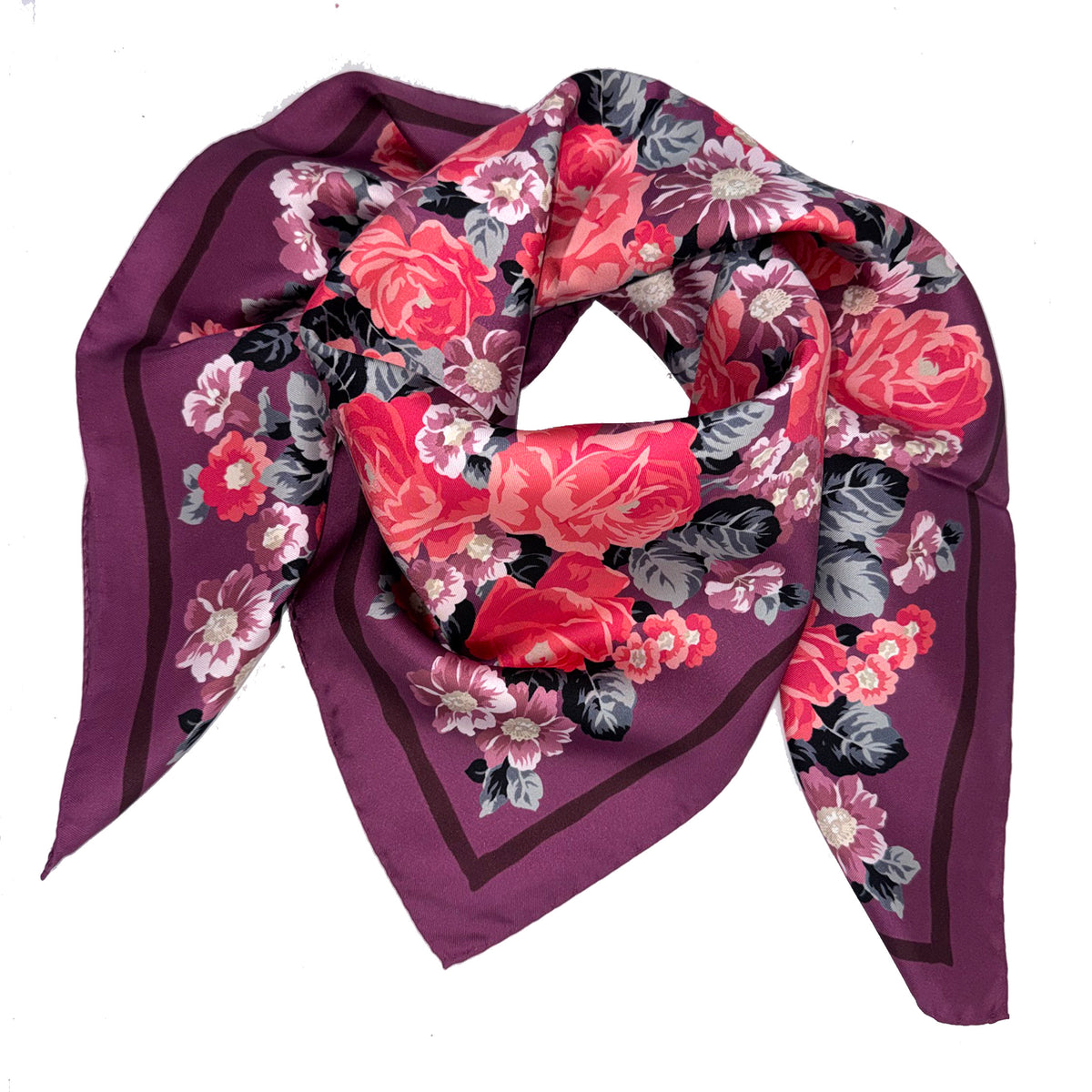 Lancel Paris Scarf Purple Floral Design - Twill Silk Square Foulard