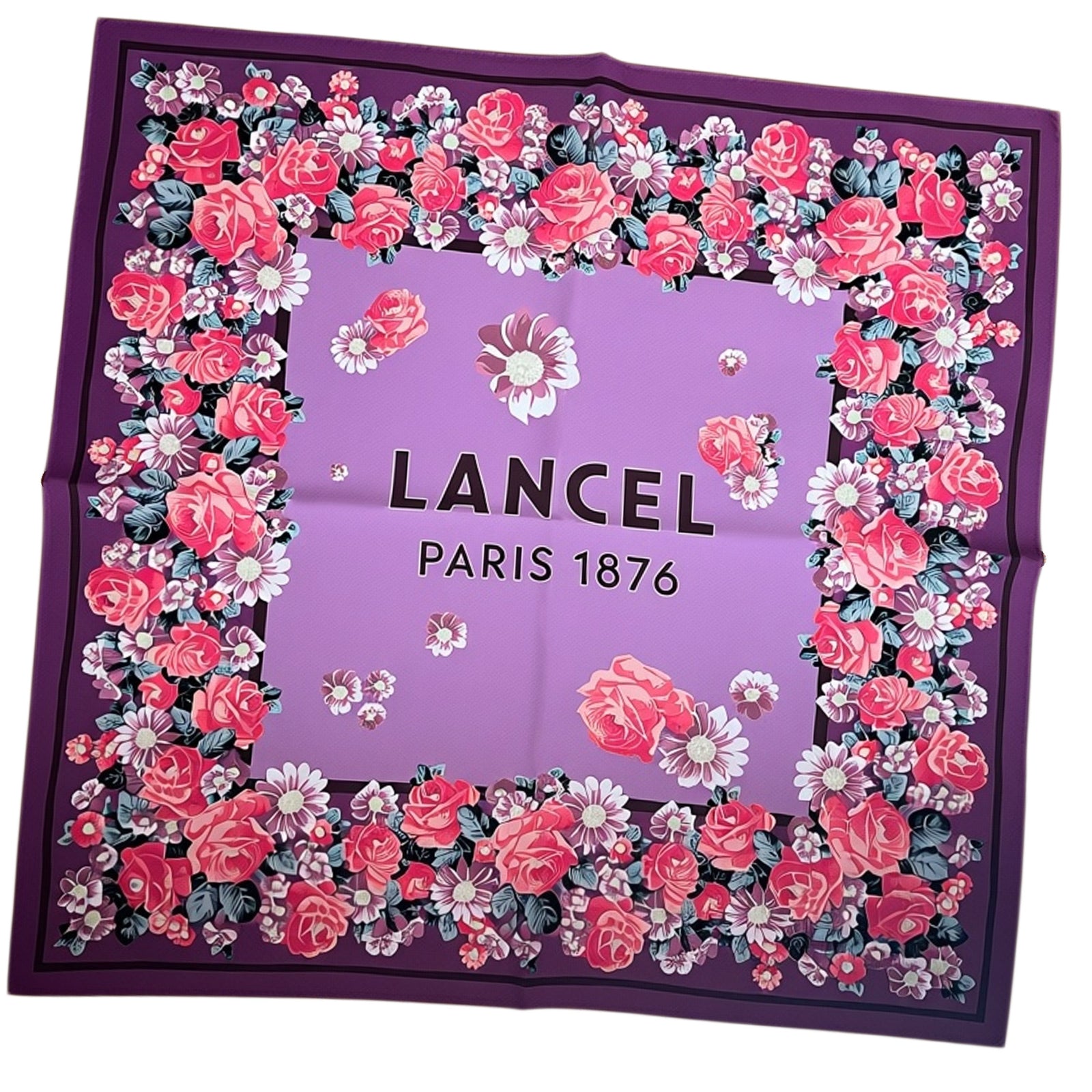 Lancel Paris Scarf Purple Floral Design - Twill Silk Square Foulard