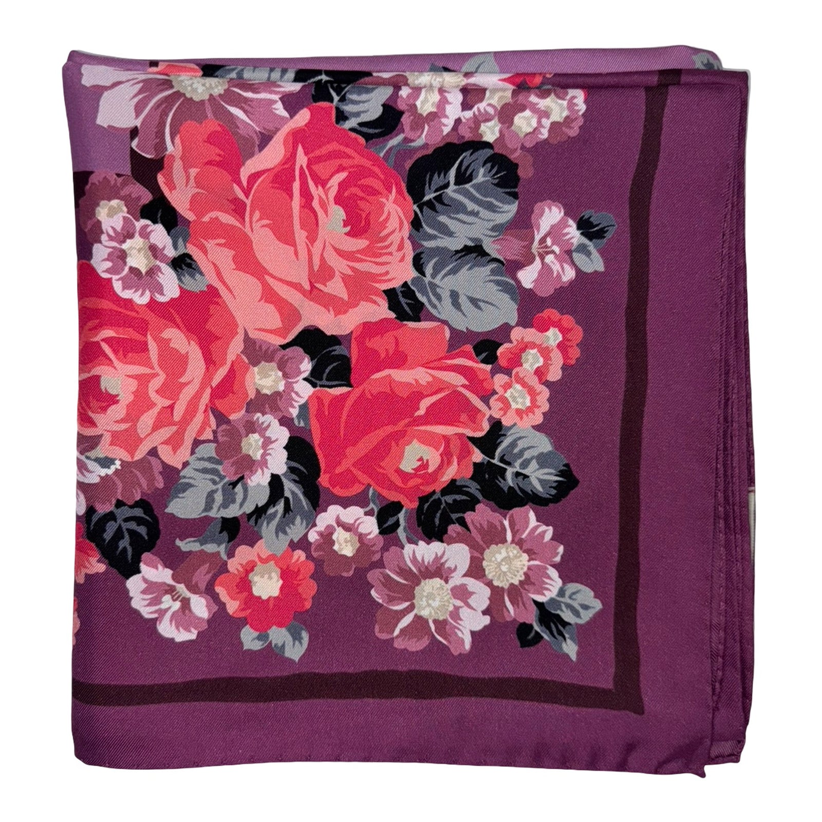 Lancel Paris Scarf Purple Floral Design - Twill Silk Square Foulard