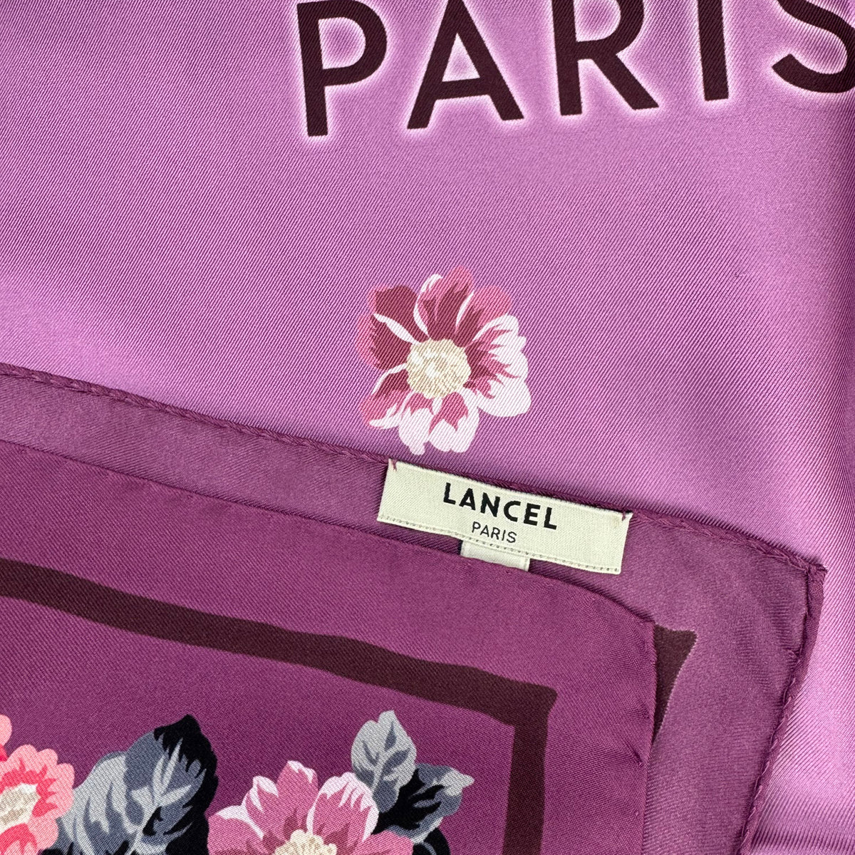 Lancel Paris Scarf Purple Floral Design - Twill Silk Square Foulard
