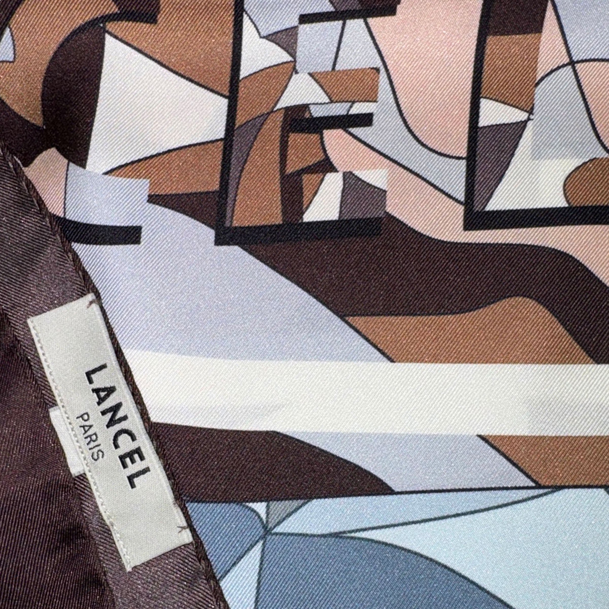 Lancel Paris Scarf - Brown Metal Gray Pink Signature Design Twill Silk Shawl