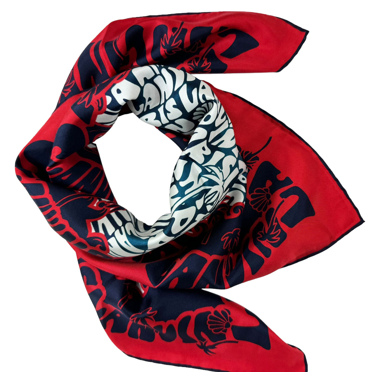 Lanvin Scarf Red Navy Logo Island Design - Twill Silk Square Foulard BLACK FRIDAY SALE