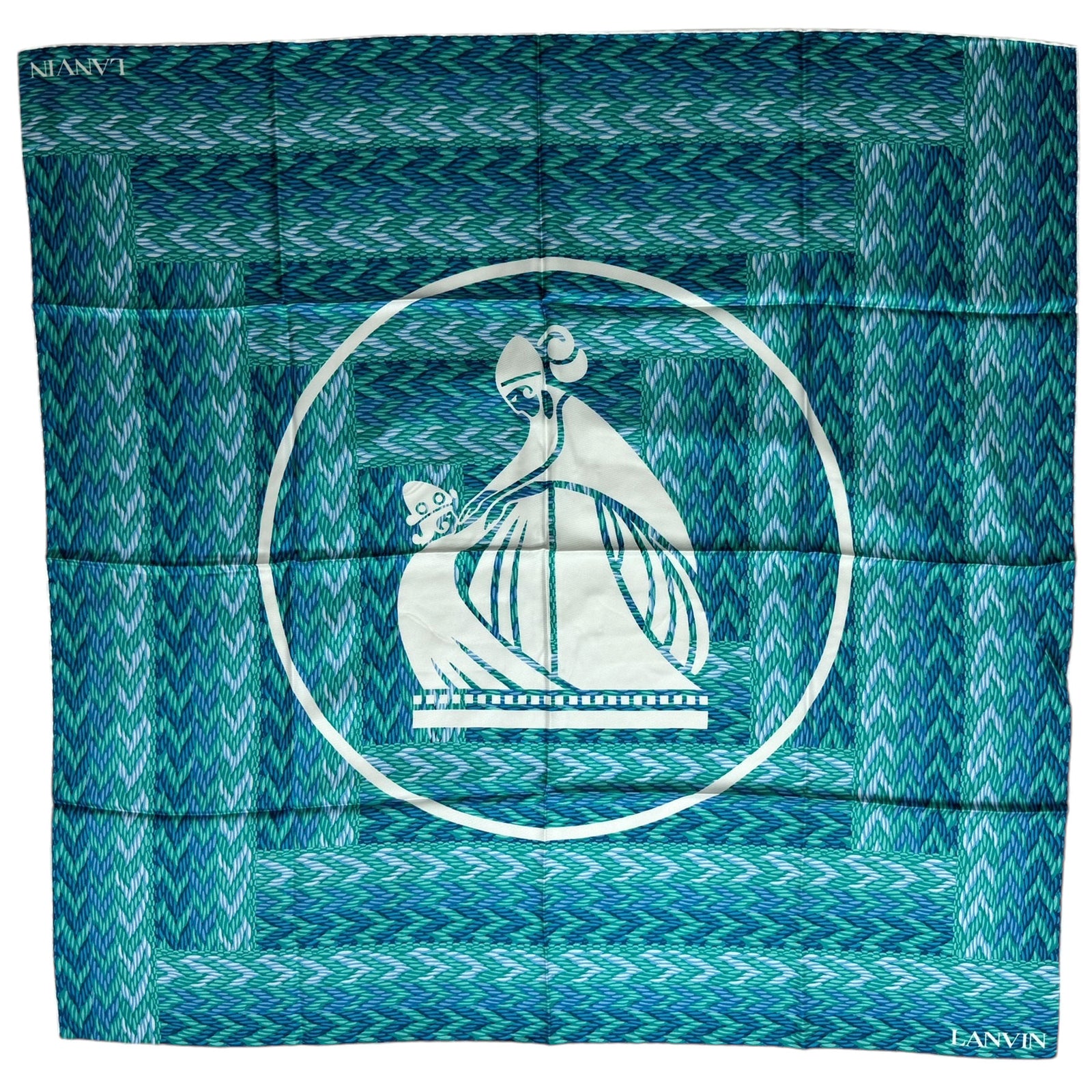 Lanvin Scarf Green Blue Chevron Design - Twill Silk Scarf