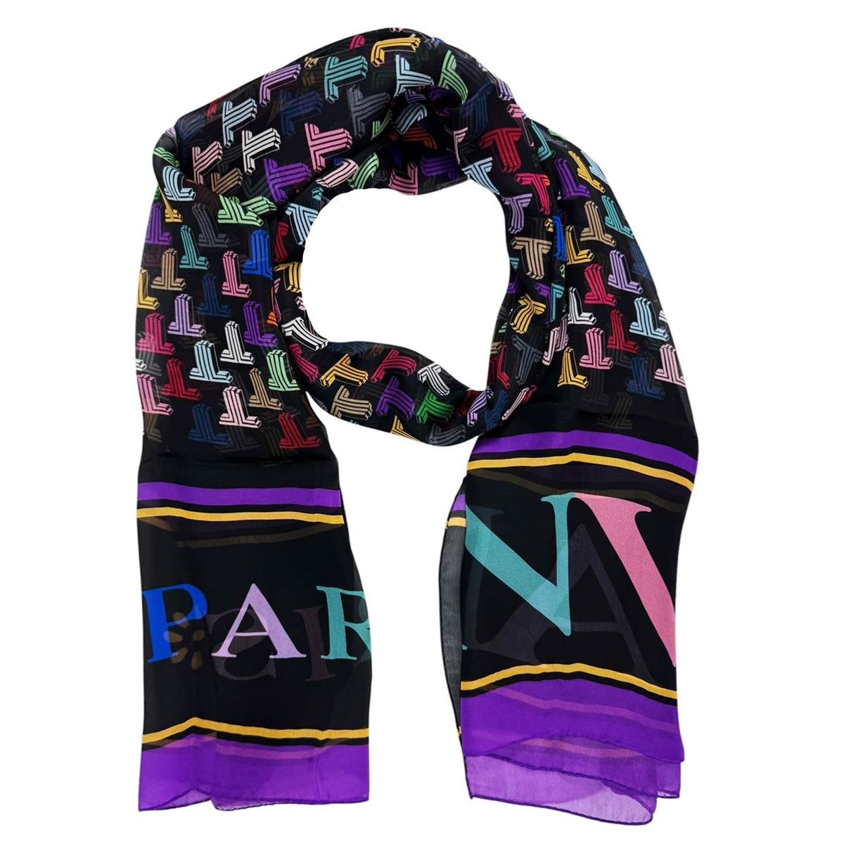 Lanvin Scarf Black Purple Logo Design - Chiffon Silk Shawl