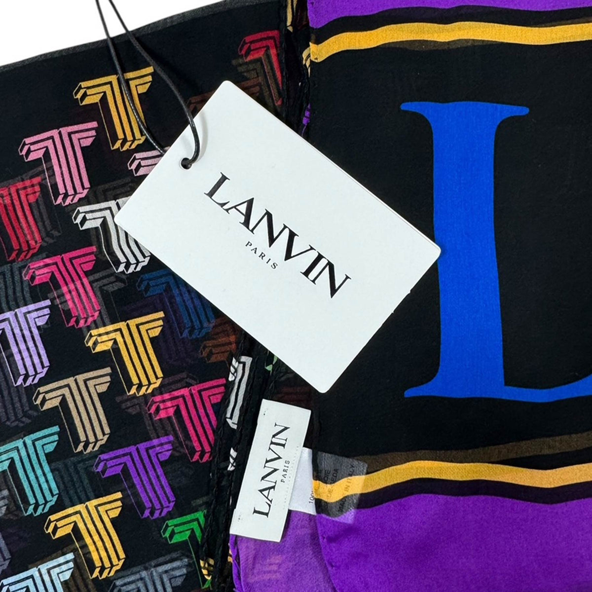 Lanvin Scarf Black Purple Logo Design - Chiffon Silk Shawl