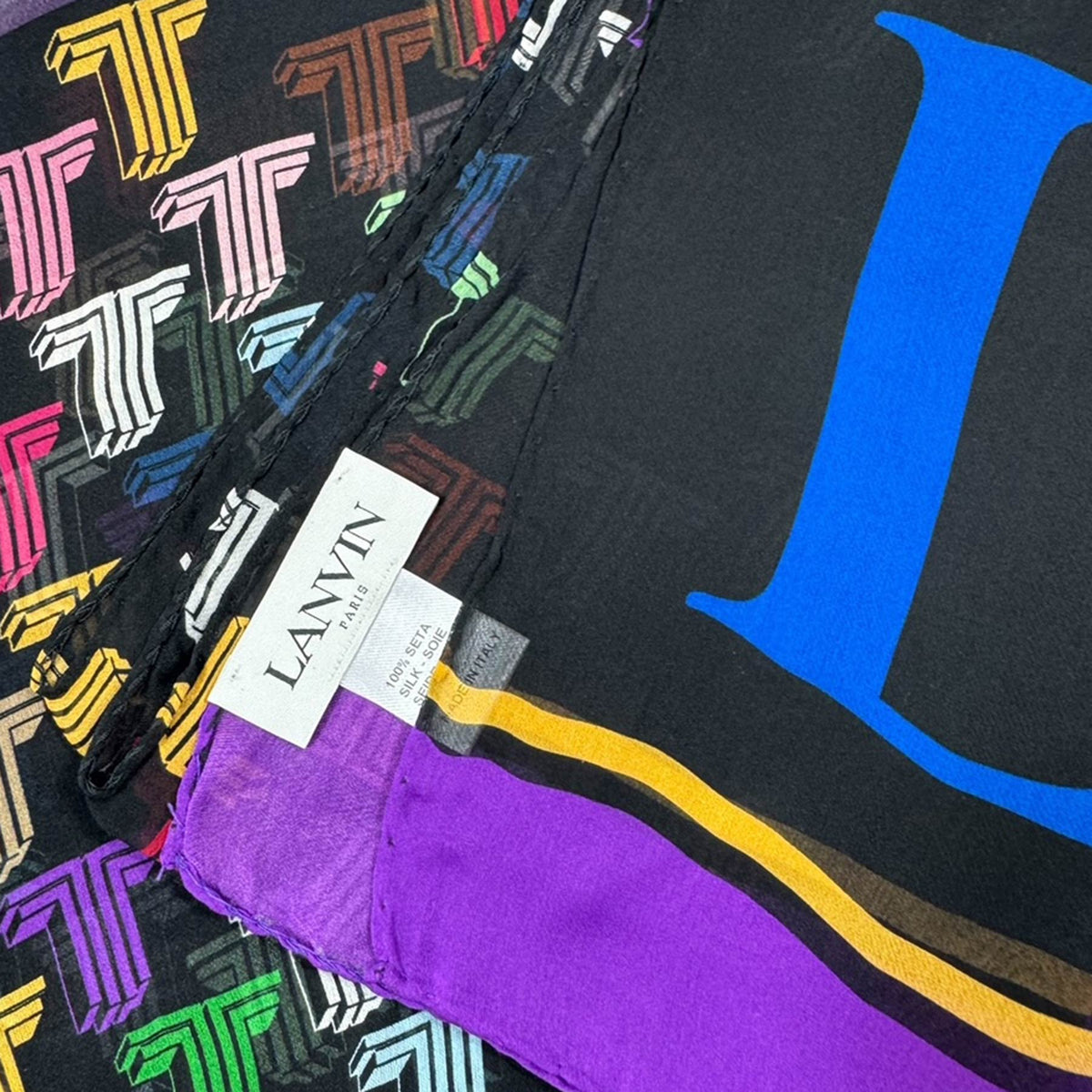 Lanvin Scarf Black Purple Logo Design - Chiffon Silk Shawl